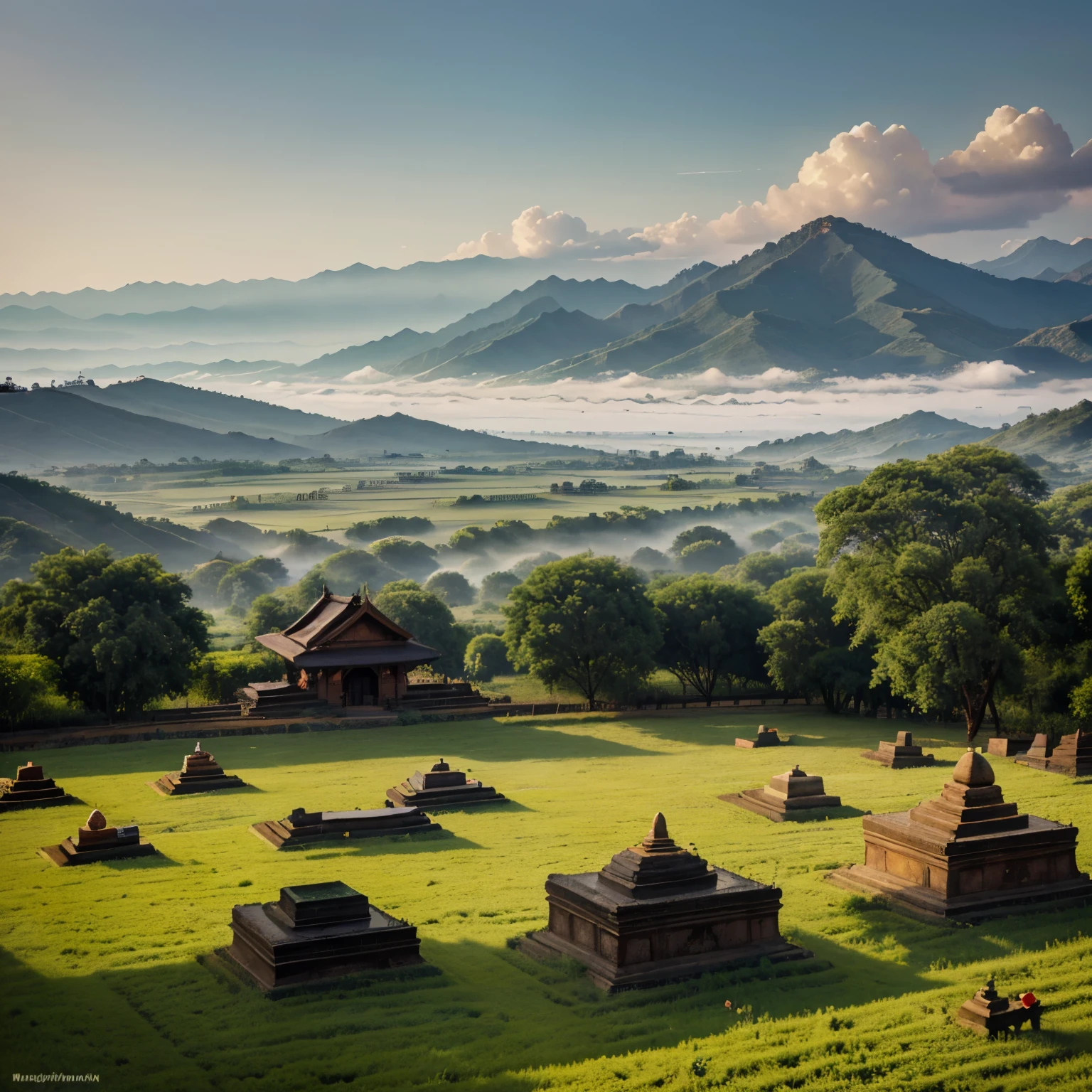 Masterpiece, best quality: 1.2), (No_Humans), Myanmar Mandalay mountains in the distance, traditional Burmese ink painting, houses, tombstones, meadows