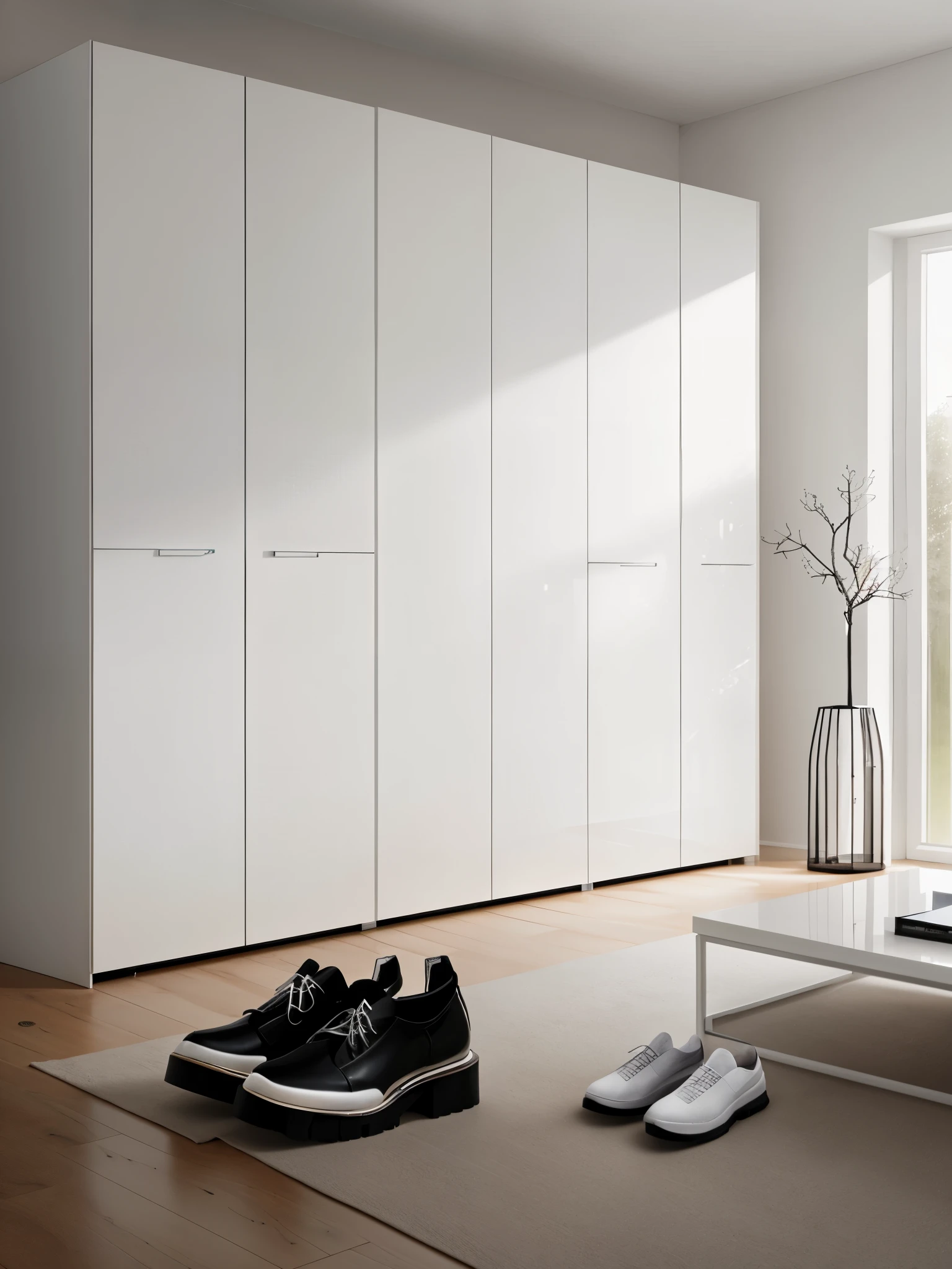There is a white table，There is a pair of shoes on it, glossy white, elegant wardrobe, white finish, Elegant futuristic wardrobe, high gloss, very Minimalism, 优雅的Minimalism, Minimalism, Modern minimalist f 2 0 clean, White broom wardrobe, full length view. white plastic, smooth white, inspired by Thomas Häfner, glossy finish, cupboard