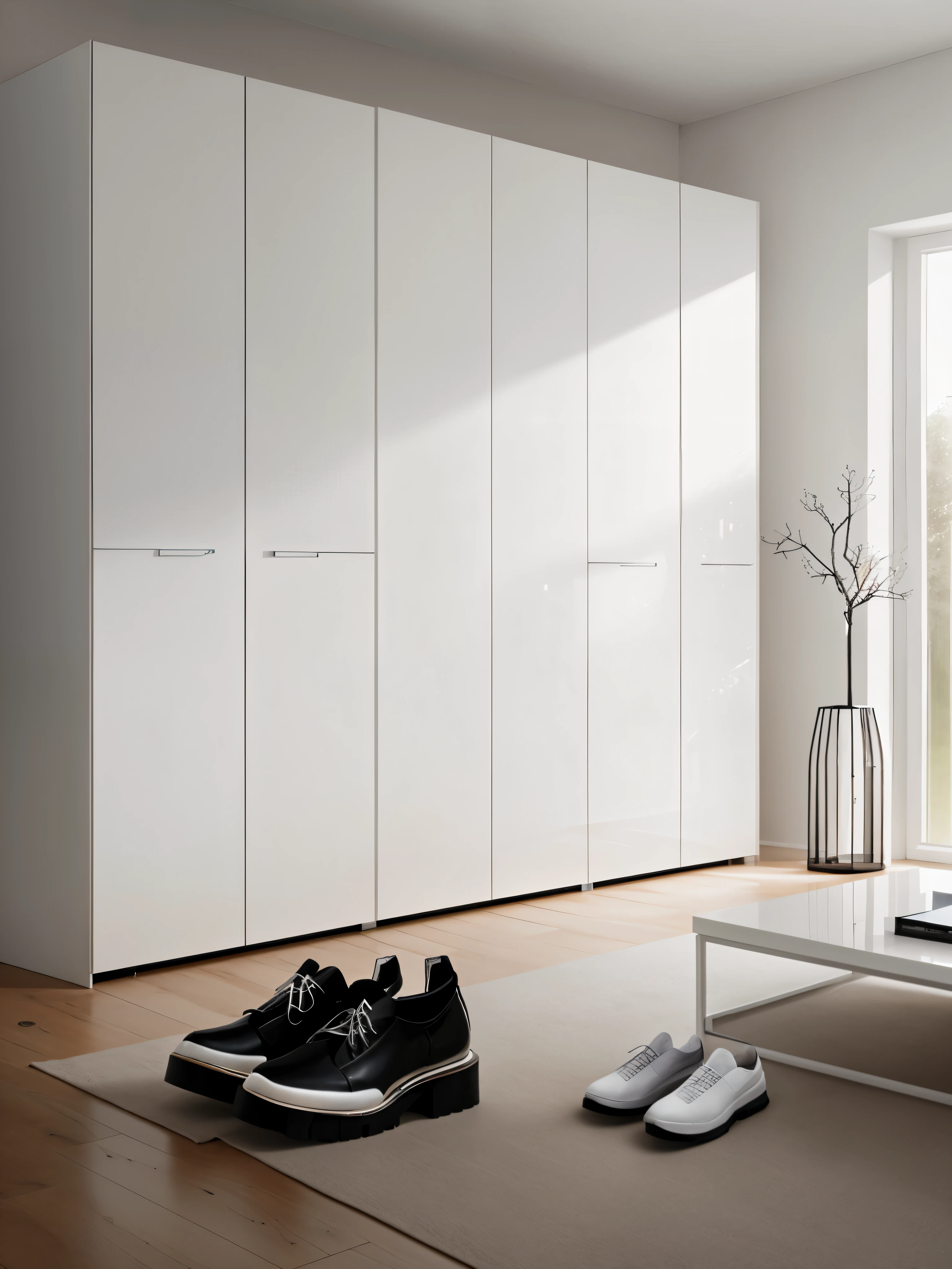 There is a white table，There is a pair of shoes on it, glossy white, elegant wardrobe, white finish, Elegant futuristic wardrobe, high gloss, very Minimalism, 优雅的Minimalism, Minimalism, Modern minimalist f 2 0 clean, White broom wardrobe, full length view. white plastic, smooth white, inspired by Thomas Häfner, glossy finish, cupboard