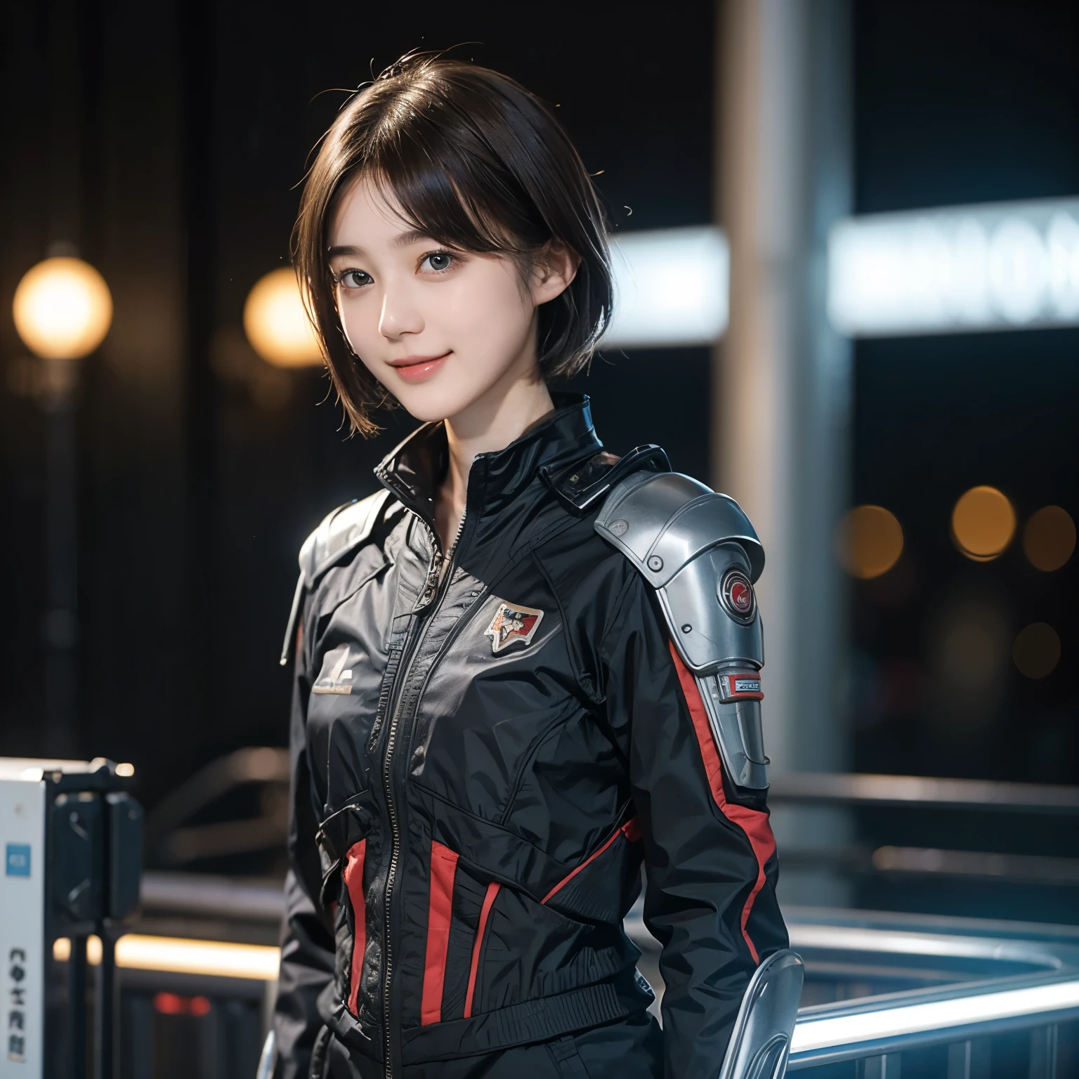 162
Shorthair, (a 20 yo woman, standing), A hyper-realistic, gentle smile, sci-fi cool suit, (口紅)