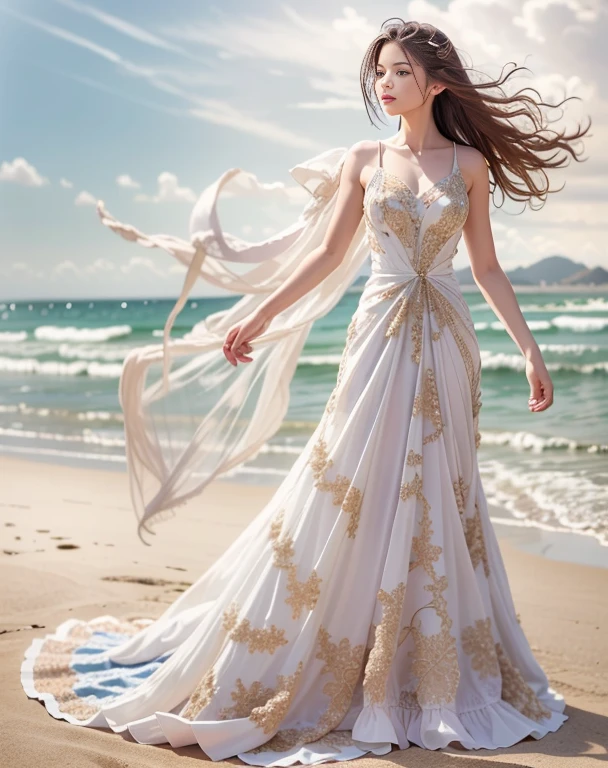 master piece , best quality , detailed , 1 person, dresses , standing , armpit , from front , beach
