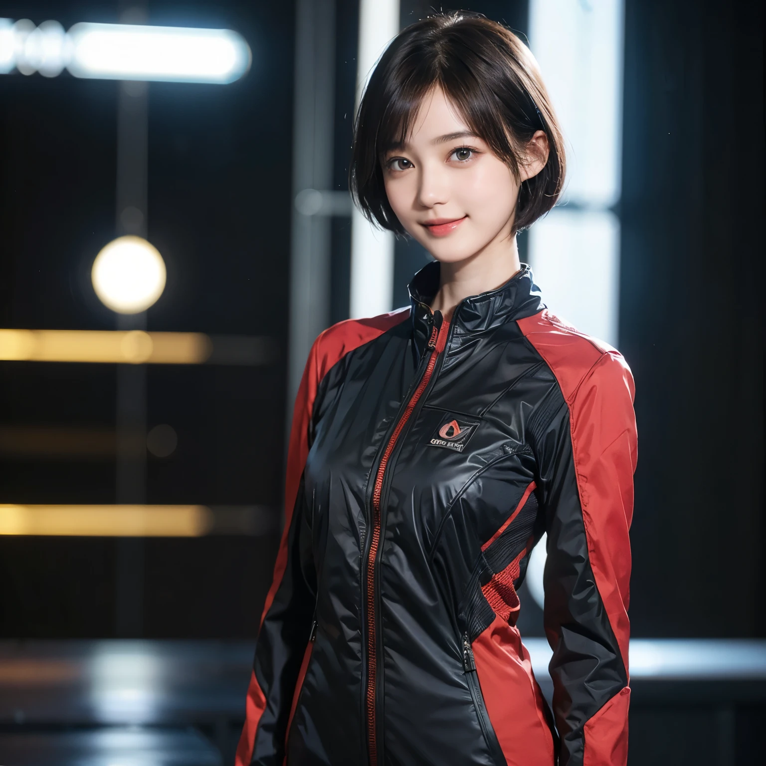 162
Shorthair, (a 20 yo woman, standing), A hyper-realistic, gentle smile, sci-fi cool suit, (口紅)