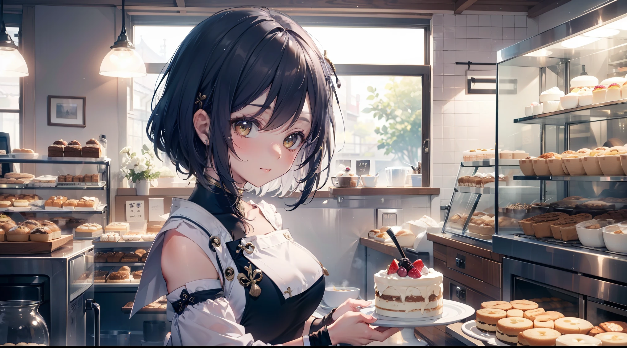 Kujou Sara|Genshin Impact, (best quality,8k,Masterpiece), young woman with black hair, Wear a bakery uniform, Work in a traditional Japanese bakery to prepare traditional desserts., sparkling eyes, happiness.