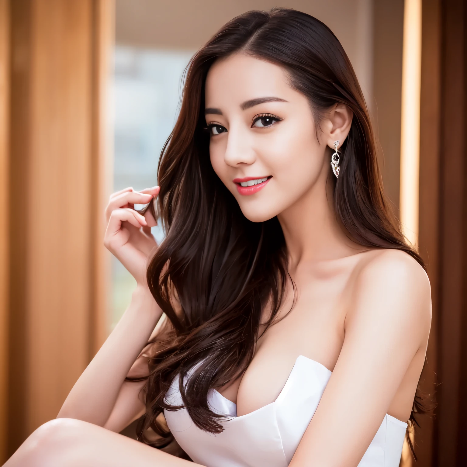 ((top quality、8k、Masterpiece:1.3))、Extremely delicate and beautiful girl,realistically,Extremely ridiculous,Abstractionism,full-body shot,catch,Extra detailed body,Port wind,,flowing hair,light brown hair,viton hair,beautiful fine hair,Exquisite and beautiful face,Smile,clear eyes, black eyes,nice skirt,beautiful clear background,beautiful sky,bloom,very precise details,absurd,very CG,((A sexy mature girl:1.5))、thick lips、deep red lip gloss、eye makeup、((40 years:1.5))、sunset sky,huge breasts,Larger breasts,amazing breast size,Extensive exposure,More nudity