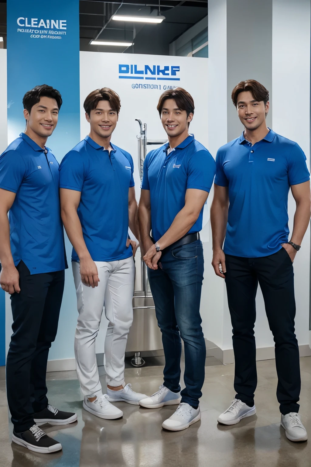 Three male plumbing experts in blue shirts standing in a group, Product introduction photo, Product introduction photos, The entire device, clean image, advertising image, background image, full body photo, commercial banner, Height 180 cm, corporate photography, official product image, height 185cm, Smiling face, kindness, korean, Actor Hyun Bin, bts, 