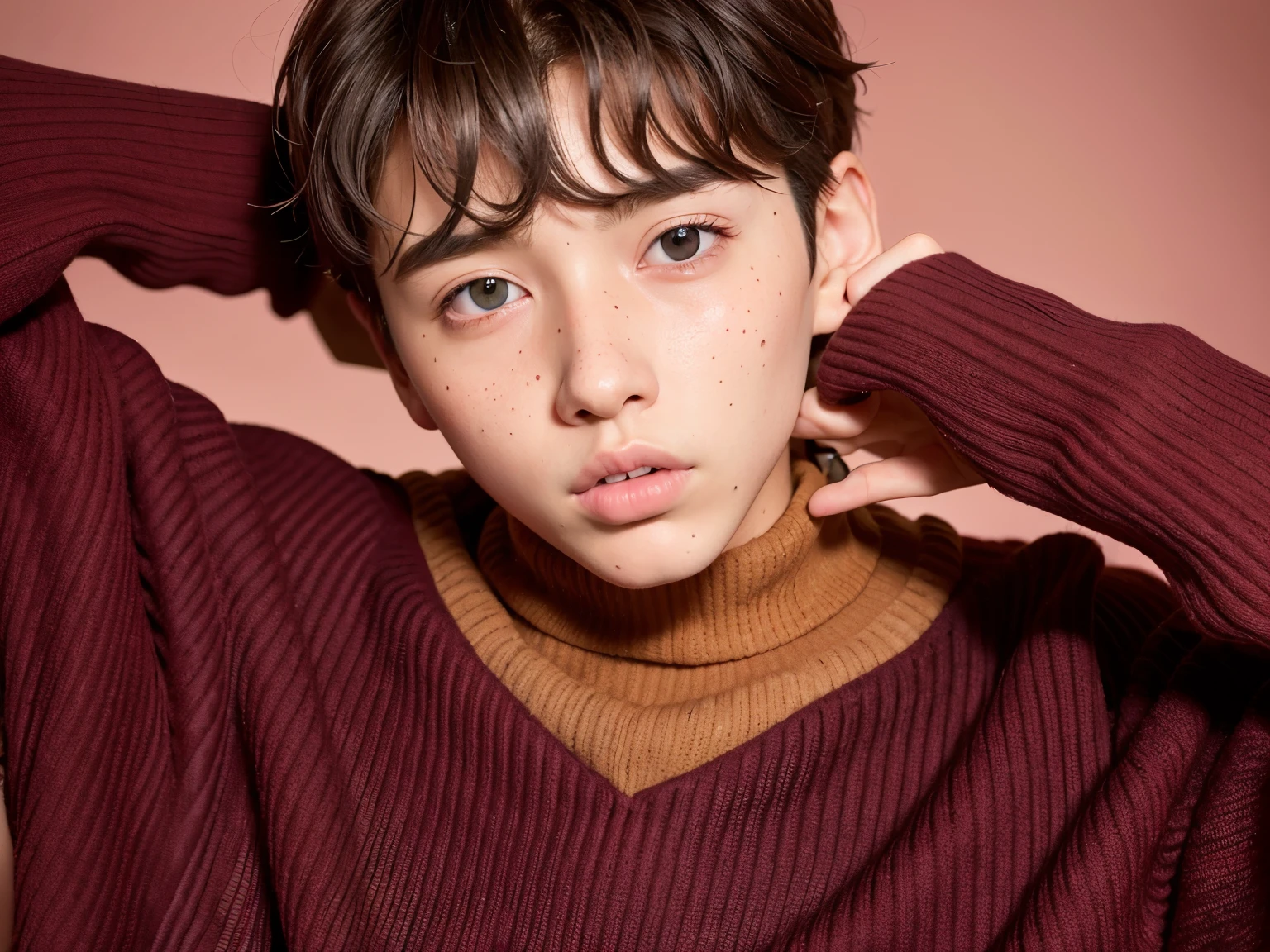 Arafed image of a young man with freckles and a pink sweater, sus ojos son celestes, cai xukun, pintar ulzzang, delicado joven, inspirado en Park Jisung