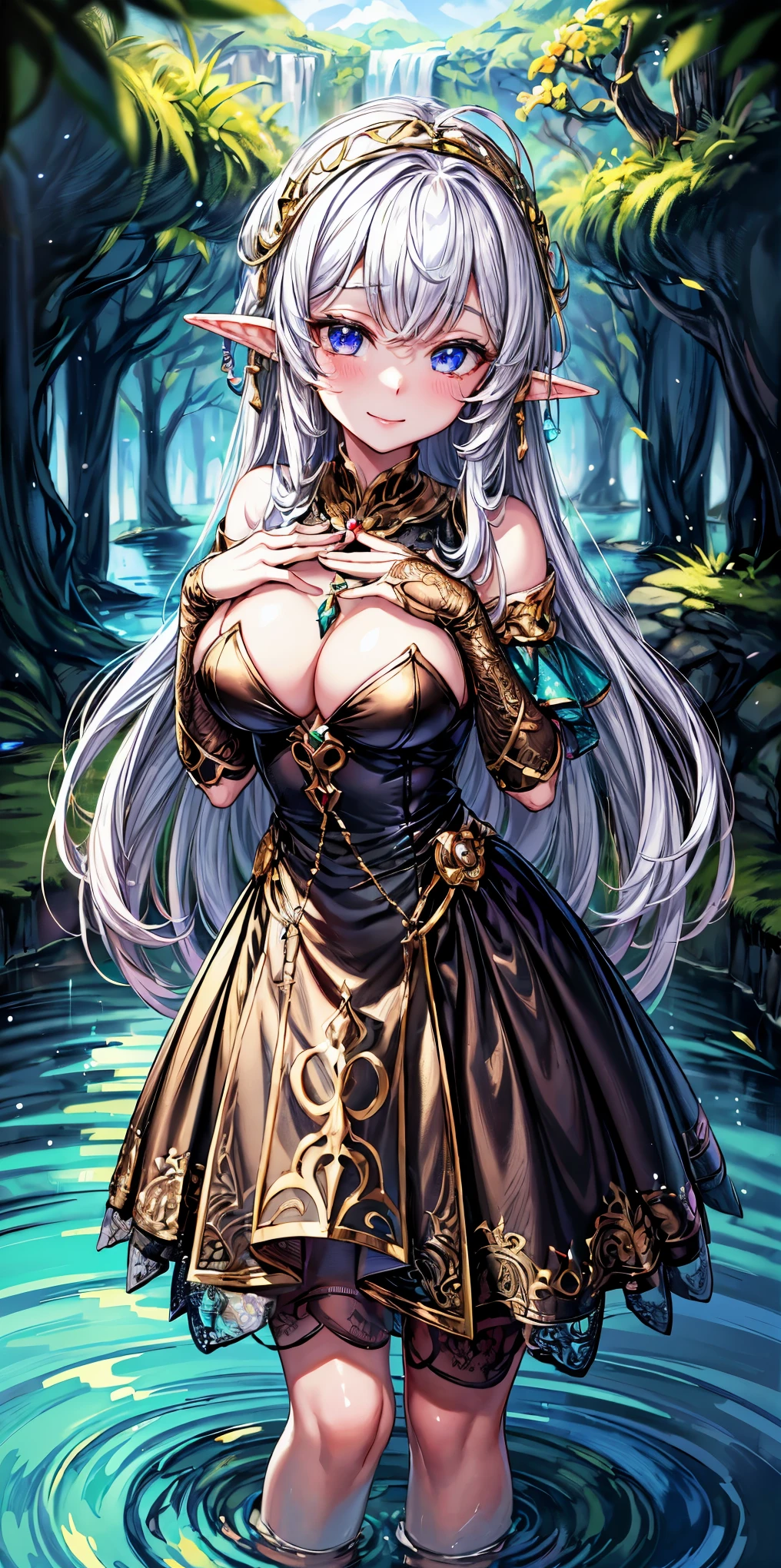 a cartoon image of a woman in a dress standing in a pond, beautiful maiden, ((a beautiful fantasy empress)), anime goddess, alluring elf princess knight, shadowverse style, anime fantasy illustration, a beautiful sorceress, white haired deity, beautiful and elegant elf queen, a sexy maid in a magical forest, a beautiful fantasy empress, beautiful sorceress