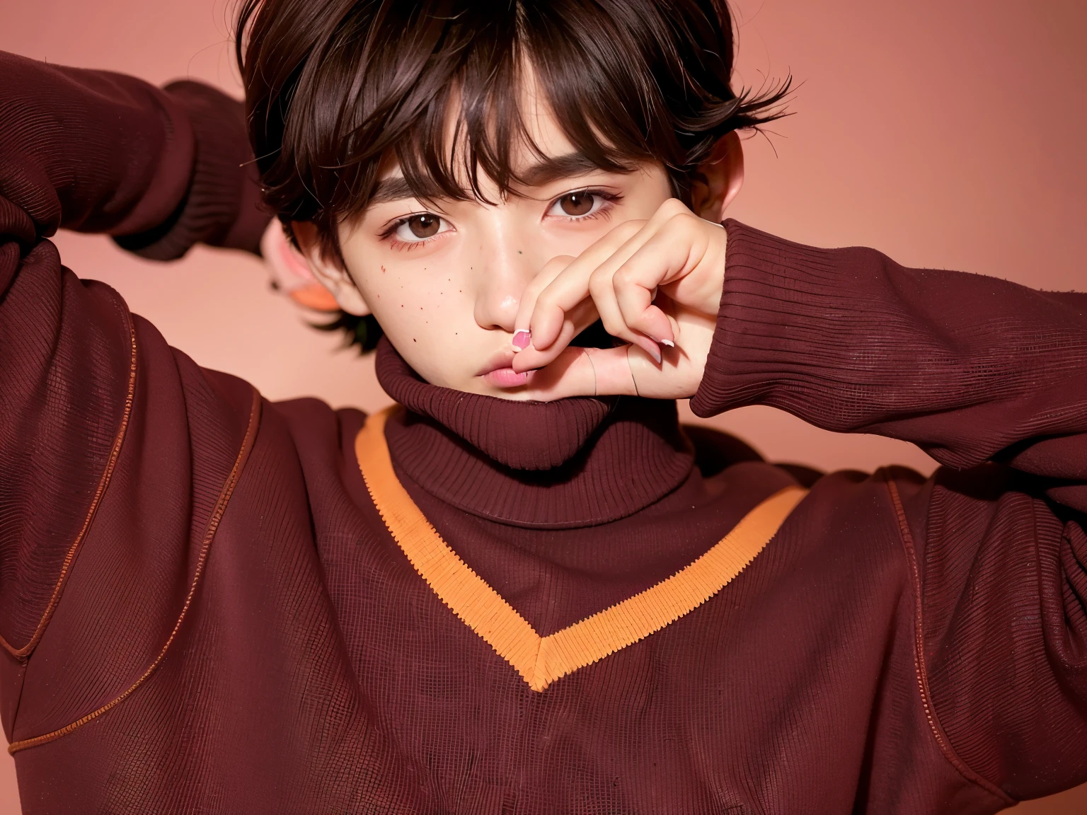 Arafed image of a young man with freckles and a pink sweater, sus ojos son celestes, cai xukun, pintar ulzzang, delicado joven, inspirado en Park Jisung