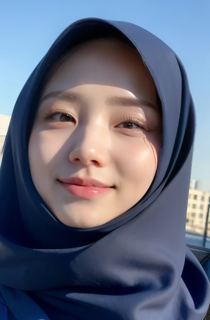 Wear hijab blue collor, ((Best quality, 8k, Masterpiece :1.37)), position:sitting, face looking at the camera holding a smart phone, ( women in hijab), women in hijab blue, style model, ( women in hijab), beautiful face, Beautiful detailed eyes, Korean eyes, nose detail, Natural Lips, 18 year old girl, black hair, very detailed face, ultra detailed body, slim body, detailed big breasts, detailed hairy vagina, Wearing Muslim hijab , luxurious jubba thobbe, blue sky view, slim body, realistic face, women wearing hijabs, smiling face