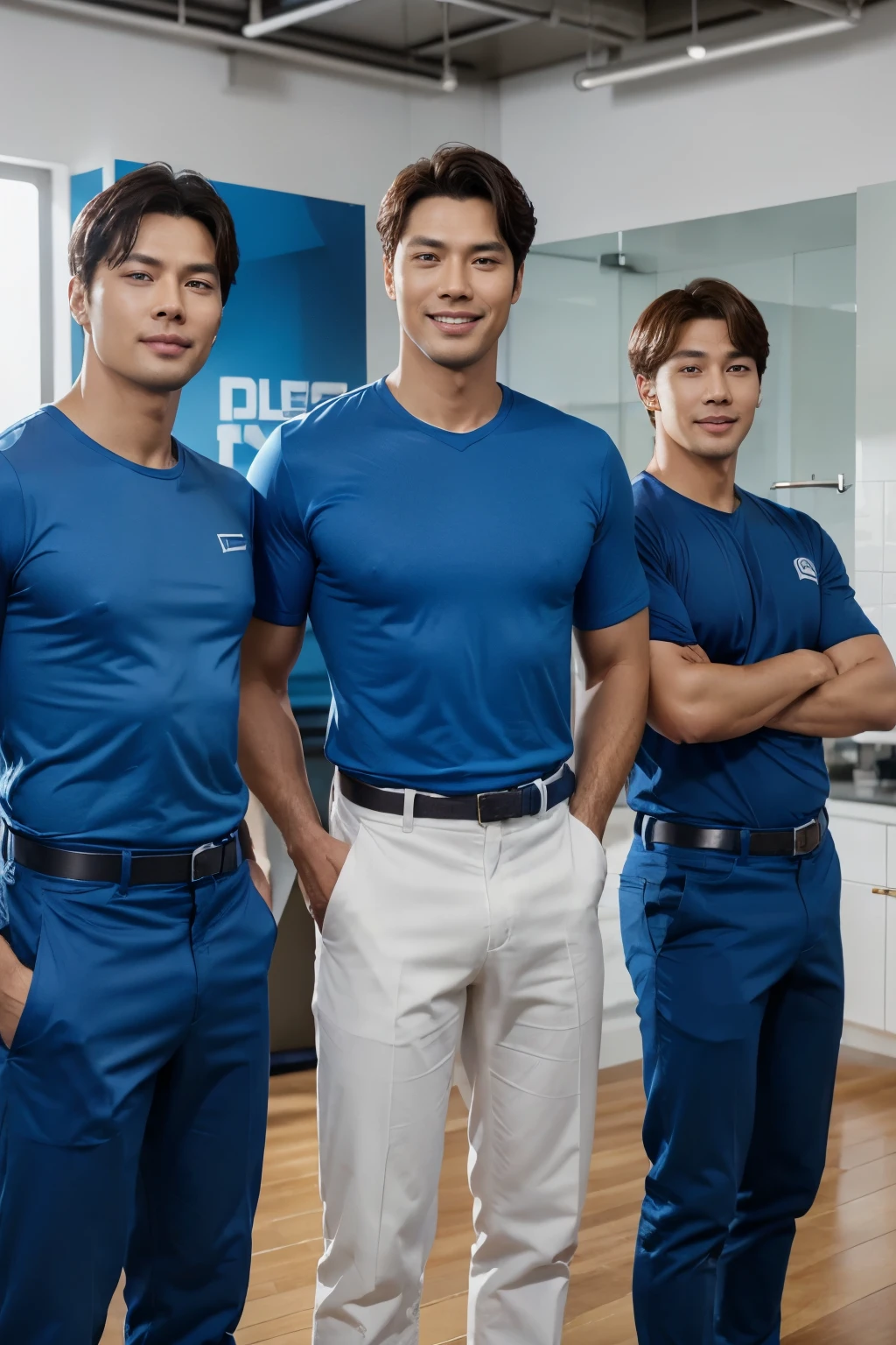 Three male plumbing experts in blue shirts standing in a group, Product introduction photo, Product introduction photos, The entire device, clean image, advertising image, background image, full body photo, commercial banner, Height 180 cm, corporate photography, official product image, height 185cm, Smiling face, kindness, korean, Actor Hyun Bin, bts, 