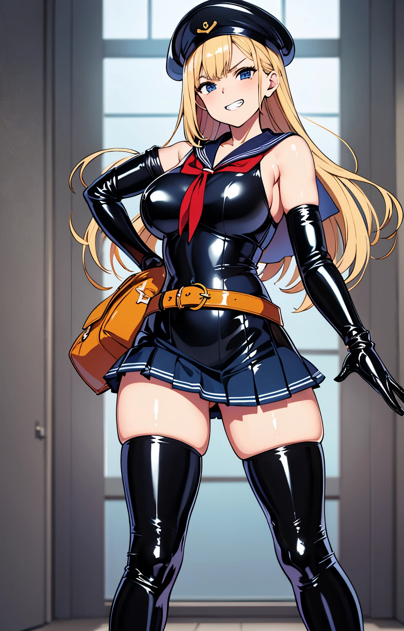official art, Mistress、Highly detailed CG Unity 8K wallpaper, highest quality, masterpiece, High resolution,shiny latex thigh-high boots, Blonde straight long hair, brown belt,  leather shoulder bag、latex gloves,  (shiny latex sailor suit:1.6)、（Latex School Uniform)、(shiny latex pleated skirt:1.6)、 Leather texture, full body photo, melon face, small face, （big breasts）、(Get angry)、（grinning grin）、（latex high heels）、tread on、kicking