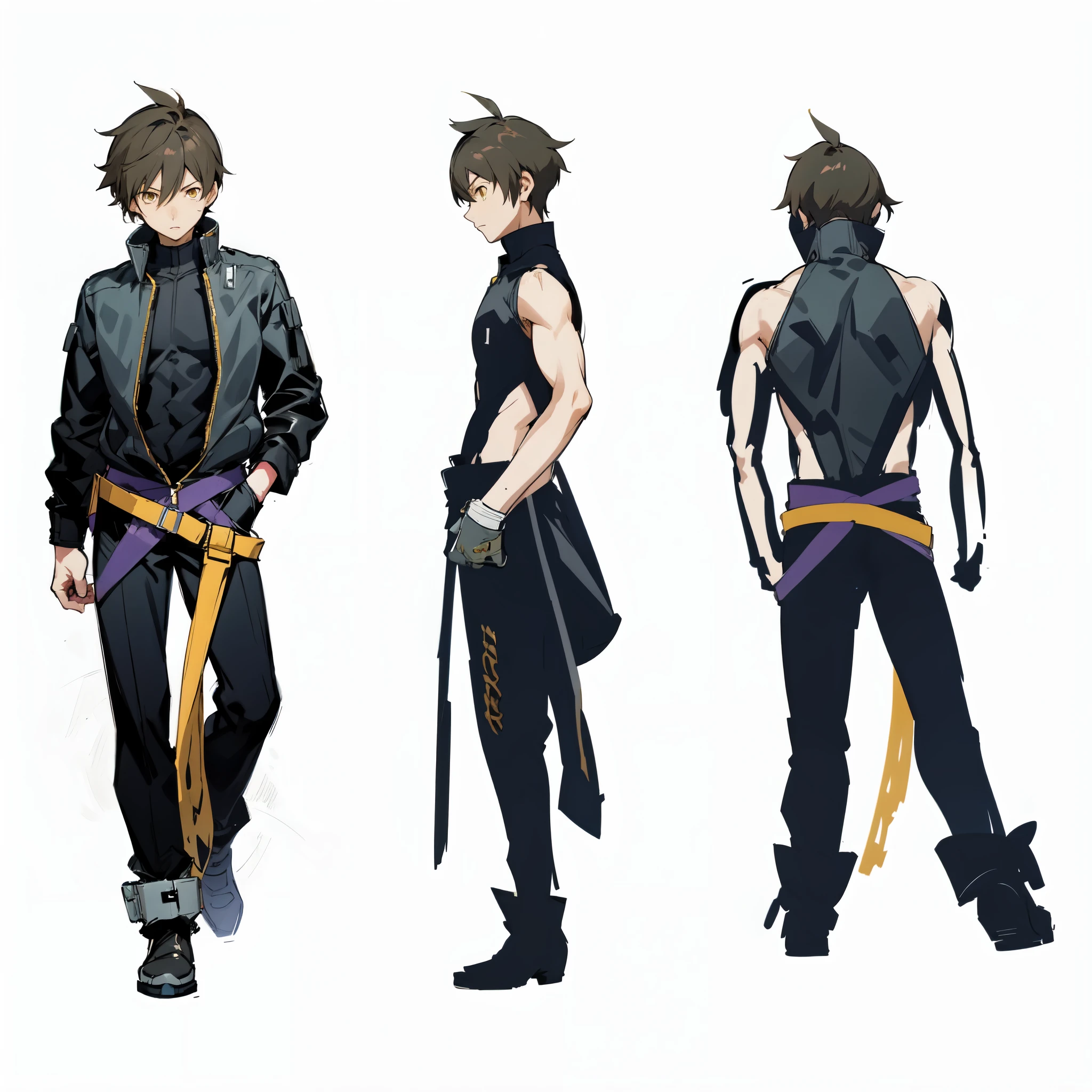 [ anime boy sigh short brown hair and black clothes ], [ anime boy sigh short brown hair side view ], [ anime boy sigh short brown hair view ], (((anime character sheet))), ((yellow eyes)), ((athletic)), black boots, character design, gravity rush inspired, inspired by Akihiko Yoshida, gravity rush, from arknights, fate grand order cyborg merchant boy, akihiko yoshida!, no more heroes concept art, in jumpsuit