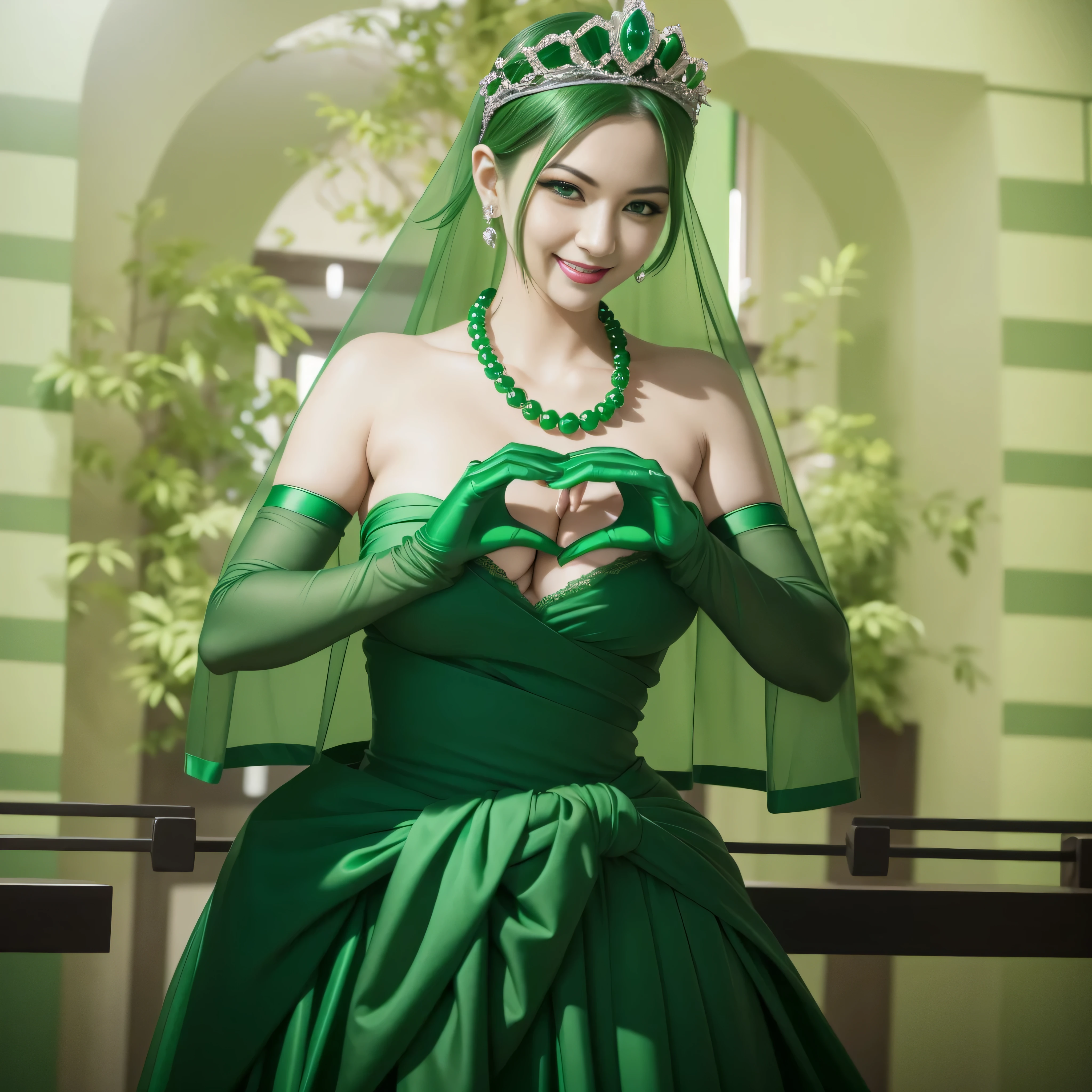 emerald tiara, green pearl necklace, boyish very short green hair, lipstick, smiling Japanese woman, very short hair, big breasts beautiful, green eyes, Long Green Satin Gloves, green eyes, V sign, emerald earrings, green veil, green lip gloss