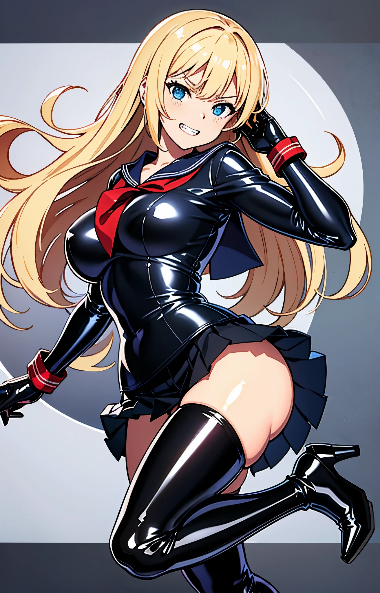 official art, Mistress、Highly detailed CG Unity 8K wallpaper, highest quality, masterpiece, High resolution,shiny latex thigh-high boots, Blonde straight long hair, brown belt, leather shoulder bag、latex gloves, (shiny latex sailor suit:1.6)、(Latex School Uniform)、(shiny latex pleated skirt:1.6)、 Leather texture, full body photo, melon face, small face, (big breasts)、(Get angry)、(grinning grin)、(latex high heels)、tread on、kicking