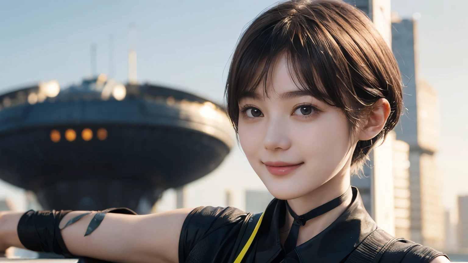 162
Shorthair, (a 20 yo woman, standing), A hyper-realistic, gentle smile, sci-fi cool suit, (口紅)