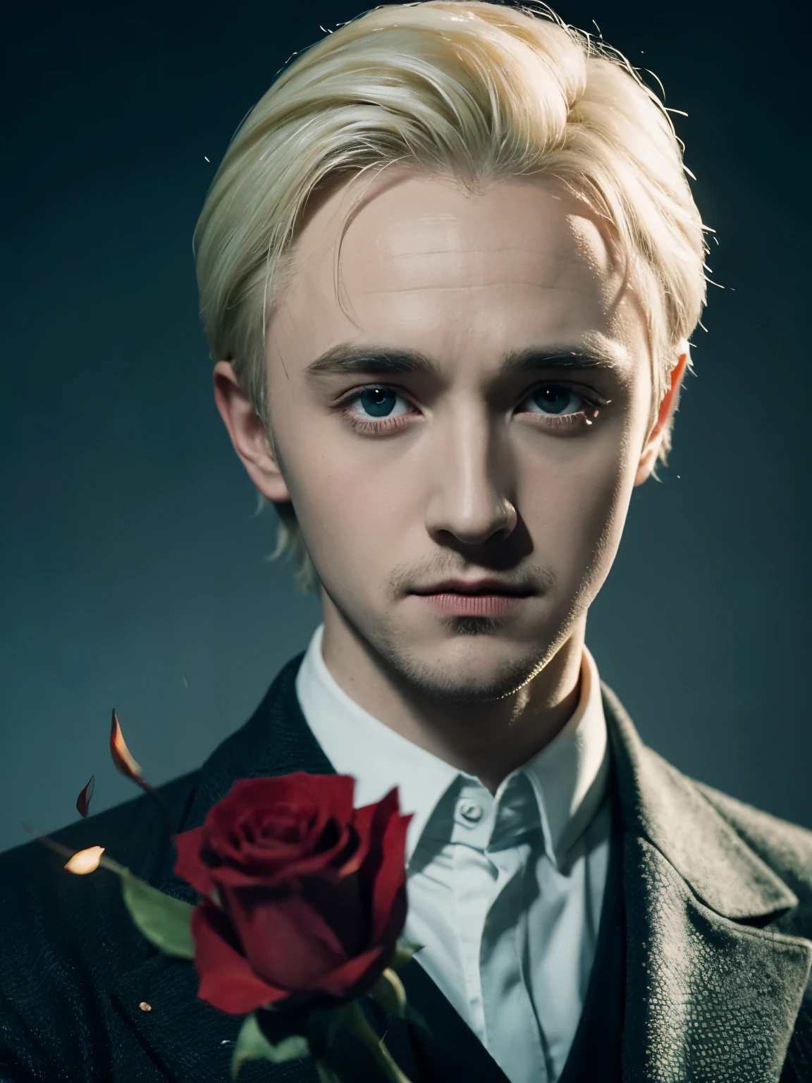 Draco Malfoy played by Tom Felton，A red rose，Cool and handsome，grace，Exquisite，meticulous portrait