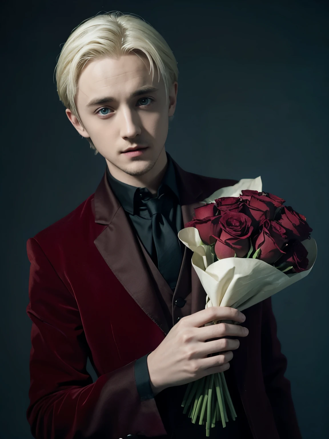 Draco Malfoy played by Tom Felton,A red rose,Cool and handsome,grace,Exquisite,meticulous portrait