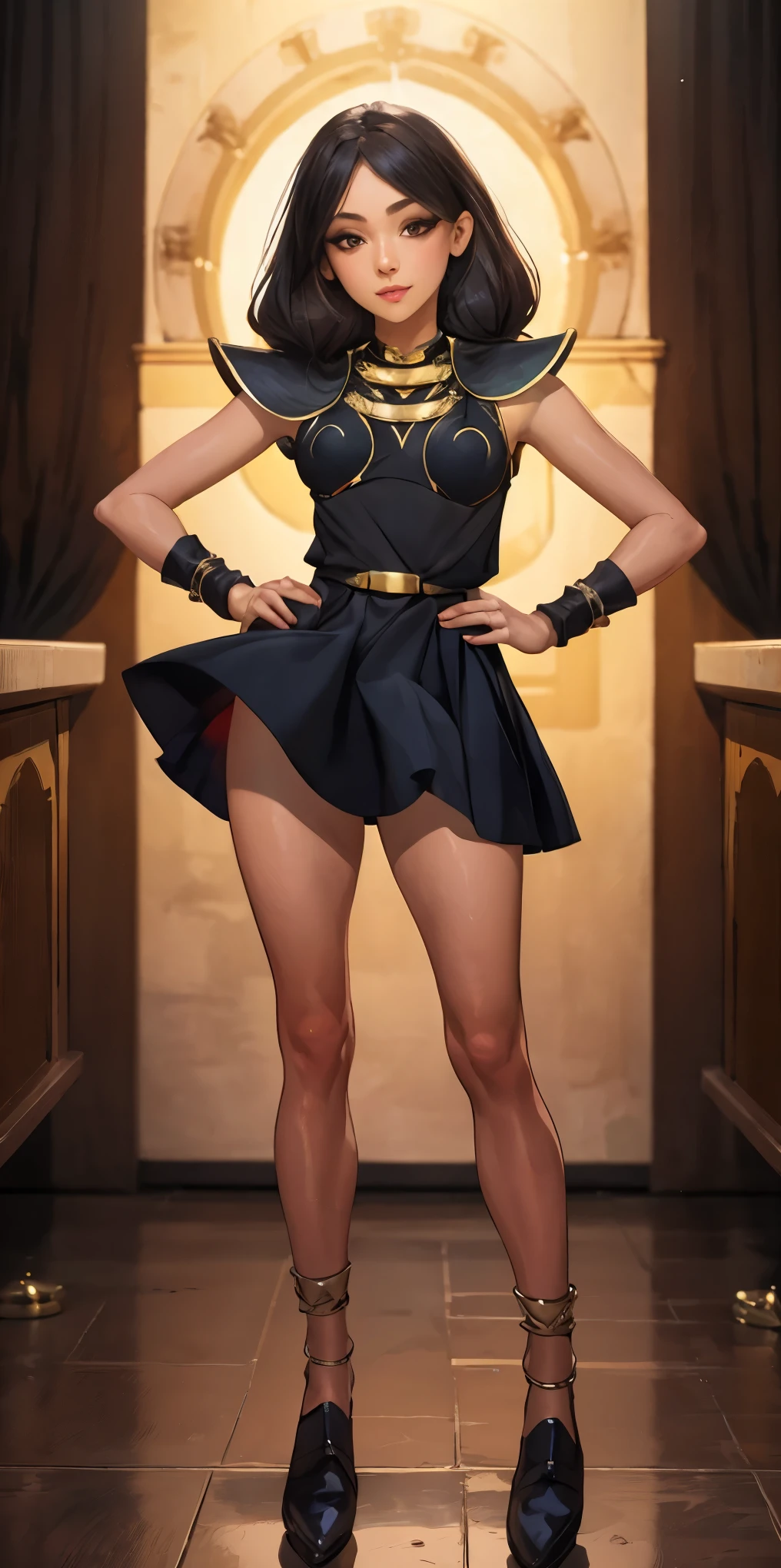 full body standing straight symmetrical, huge cowboy shot, solo 1MILF, lustful smirking smile face, looking at viewer, hands on hips, twintails, twin drills, dress, striped pantyhose, metal handcuffs on their hands with a black maetal slave collar around her neck, cowbell attached to the choker, sleeveless, black stockings, golden tiara
