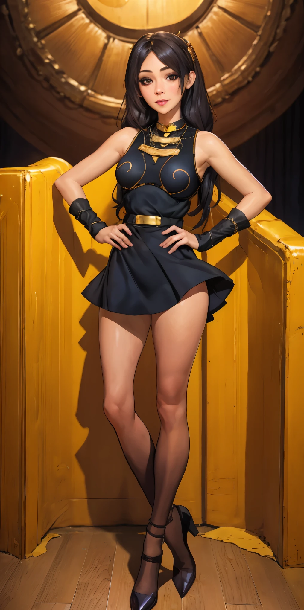 full body standing straight symmetrical, huge cowboy shot, solo 1MILF, lustful smirking smile face, looking at viewer, hands on hips, twintails, twin drills, dress, striped pantyhose, metal handcuffs on their hands with a black maetal slave collar around her neck, cowbell attached to the choker, sleeveless, black stockings, golden tiara
