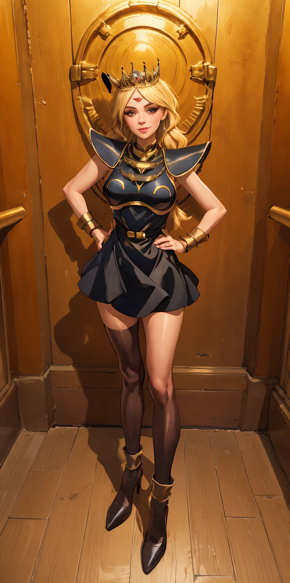 full body standing straight symmetrical, huge cowboy shot, solo 1MILF, lustful smirking smile face, looking at viewer, hands on hips, twintails, twin drills, dress, striped pantyhose, metal handcuffs on their hands with a black maetal slave collar around her neck, cowbell attached to the choker, sleeveless, black stockings, golden tiara
