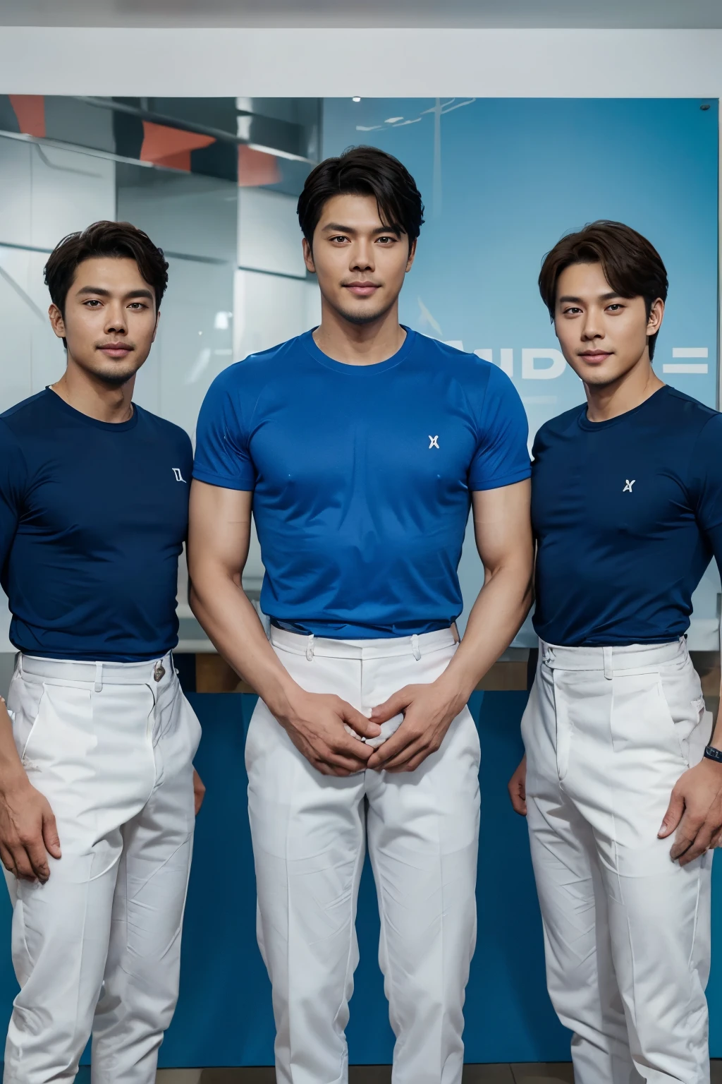 Three male plumbing experts in blue shirts standing politely in a group with their hands in front of them., Product introduction photo, Product introduction photos, The entire device, clean image, advertising image, background image, full body photo, commercial banner, Height 180 cm, corporate photography, official product image, height 185cm, Smiling face, kindness, korean, Actor Hyun Bin, bts,