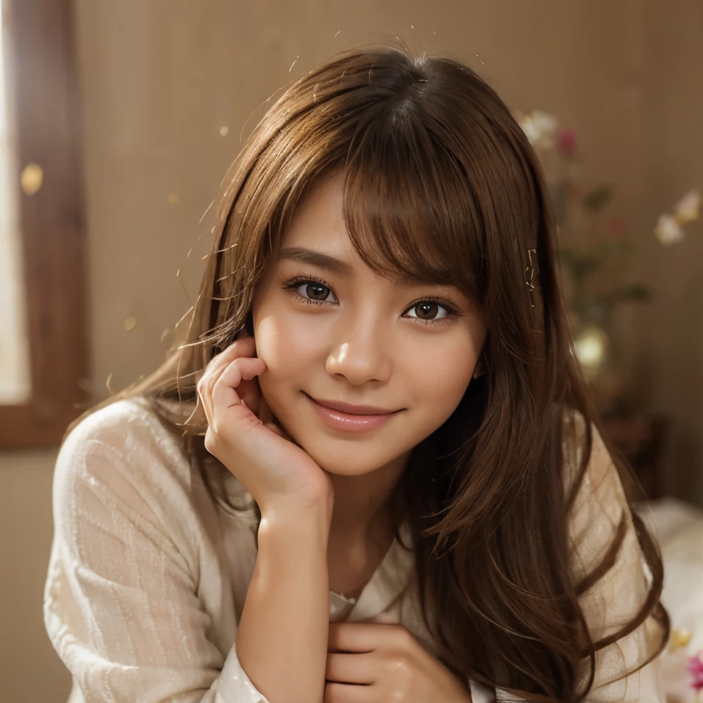 lifelike, 45mm, Super detailed, natural skin texture, Surrealism, There is a lovely girl、light brown hair、thin:1.3、small:1.3、Myanmar clothing、seduct smile,This pose is so cute and beautiful、 The background is a sexy room,Surrounded by warm and inviting colors。(flower)