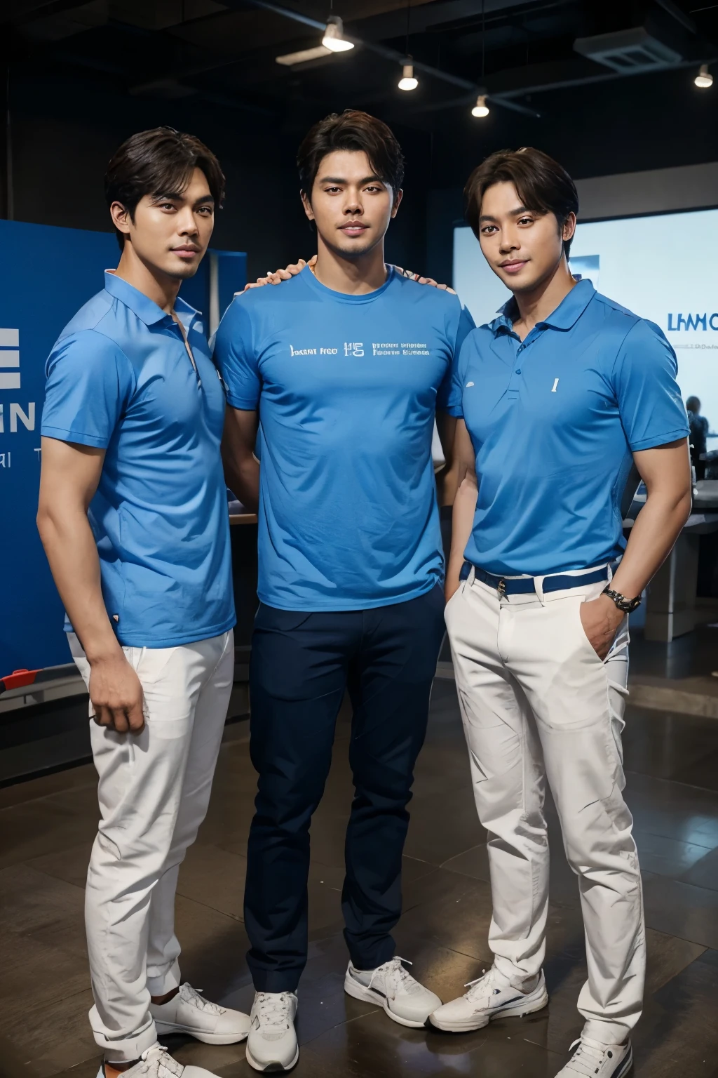 Three male plumbing experts in blue shirts standing politely in a group with their hands in front of them., Product introduction photo, Product introduction photos, The entire device, clean image, advertising image, background image, full body photo, commercial banner, Height 180 cm, corporate photography, official product image, height 185cm, Smiling face, kindness, korean, Actor Hyun Bin, bts,