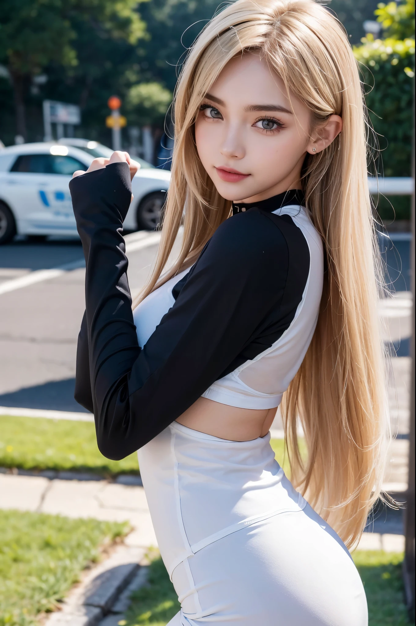 (solo), (a detailed full body RAW photo of a girl), (masterpiece:1.0), (best quality:1.4), (ultra highres:1.2), (photorealistic:1.4), 8k resolution, Canon EOS R5, 50mm, absurdres, ultra detailed, (18yo), sharp focus, cinematic lighting, detailed beautiful face, (ulzzang-6500-v1.1), petite figure, detailed skin texture, pale skin, flat chest, (pale :0.5), (skinny and fit body:1.3), detailed long blond hair, messy hair, (Avril Lavigne:0.7), smiling, (futuristic fashion, streetwear, high-tech fabrics, fireproof material, shorts, elbow and knee pads, racing gloves:1.1), contrapposto, (Kpop idol), (azur lane\), cityscape, outdoors, ((white+pink theme)),