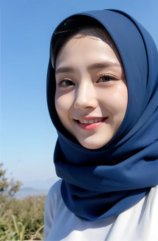 Wear hijab blue collor, ((Best quality, 8k, Masterpiece :1.37)), position:sitting, face looking at the camera holding a smart phone, ( women in hijab), women in hijab blue, style model, ( women in hijab), beautiful face, Beautiful detailed eyes, Korean eyes, nose detail, Natural Lips, 18 year old girl, black hair, very detailed face, ultra detailed body, slim body, detailed big breasts, detailed hairy ??????, Wearing Muslim hijab , luxurious jubba thobbe, blue sky view, slim body, realistic face, women wearing hijabs, smiling face