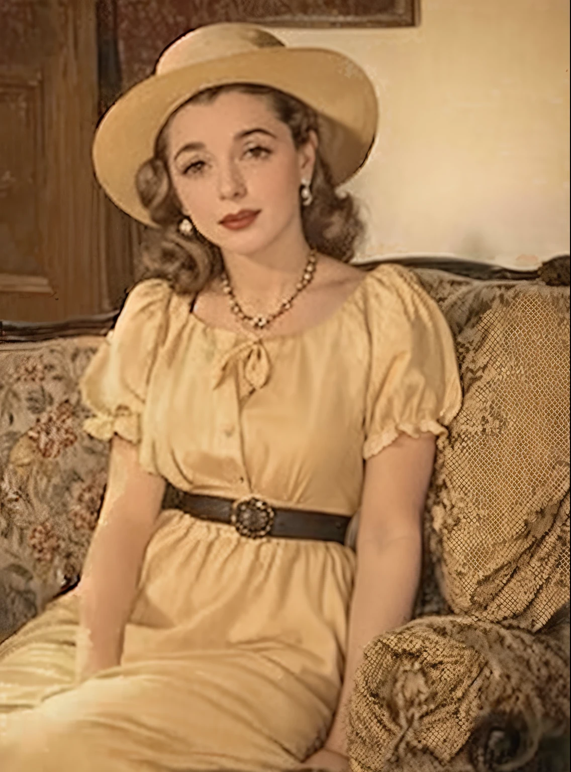 arafed woman in a yellow dress and hat sitting on a couch, dressed like in the 1940s, ww2 era, inspired by Evaline Ness, 1940s, 1 9 4 0 s, like rolf armstrong style, 1 9 4 0's, 1930s, 1 9 3 0 s, by Evaline Ness