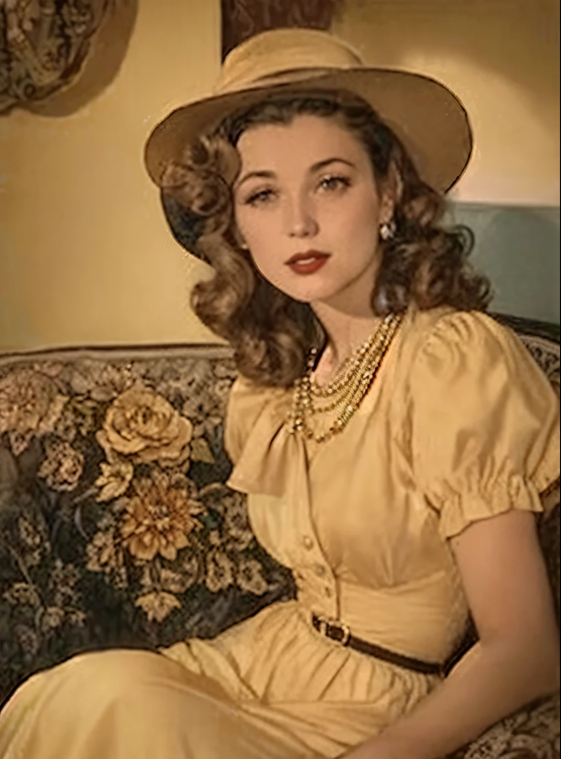 arafed woman in a yellow dress and hat sitting on a couch, dressed like in the 1940s, ww2 era, inspired by Evaline Ness, 1940s, 1 9 4 0 s, like rolf armstrong style, 1 9 4 0's, 1930s, 1 9 3 0 s, by Evaline Ness