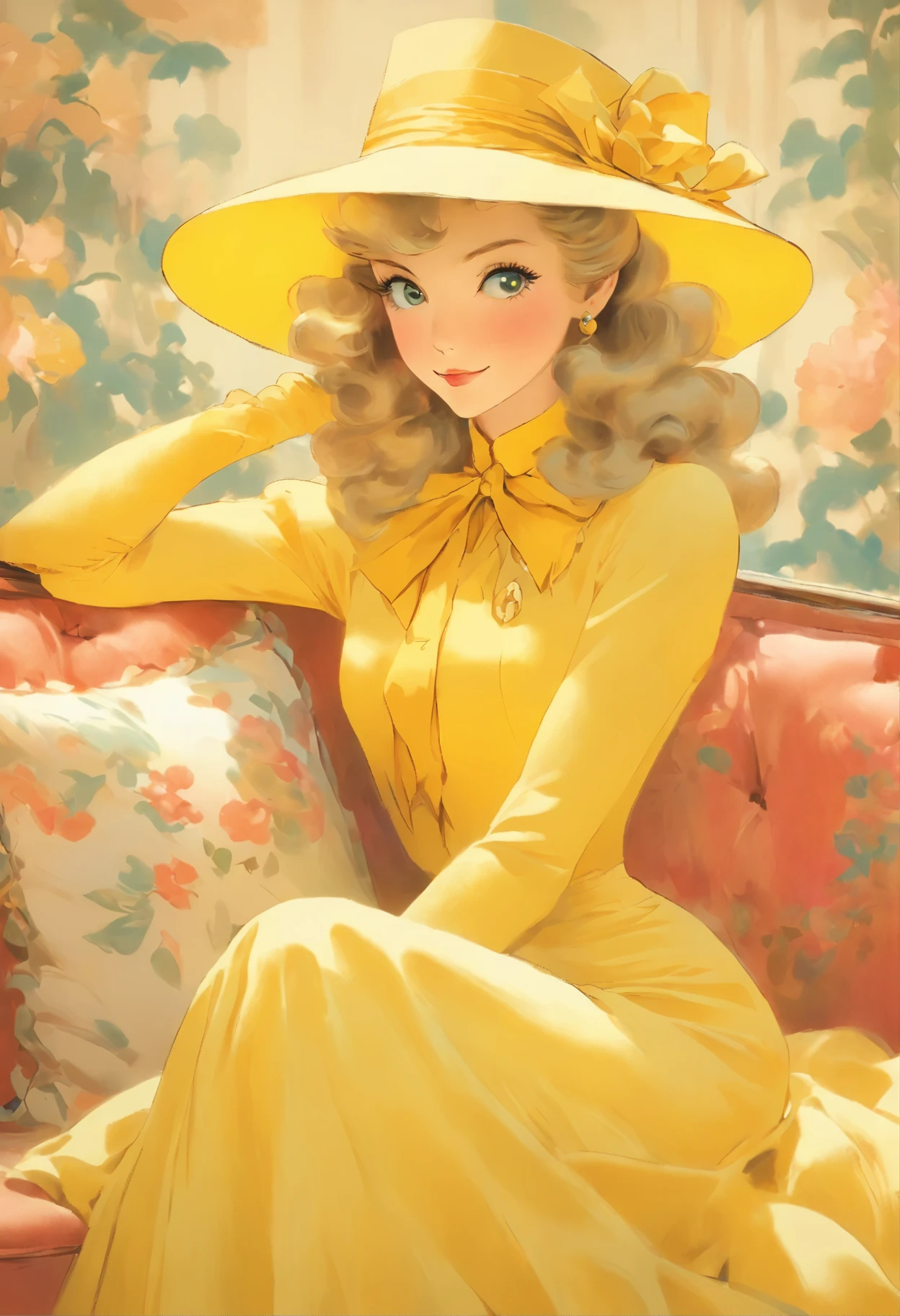 arafed woman in a yellow dress and hat sitting on a couch, a portrait inspired by Evaline Ness, flickr, art nouveau, dressed like in the 1940s, ww2 era, 1940s, 1 9 4 0 s, like rolf armstrong style, 1 9 4 0's, 1930s