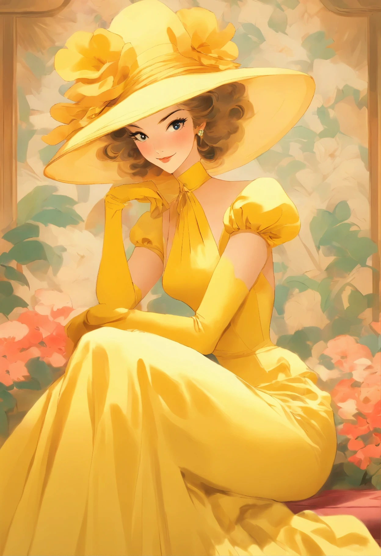 arafed woman in a yellow dress and hat sitting on a couch, a portrait inspired by Evaline Ness, flickr, art nouveau, dressed like in the 1940s, ww2 era, 1940s, 1 9 4 0 s, like rolf armstrong style, 1 9 4 0's, 1930s