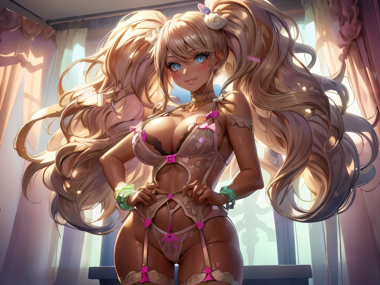 (masterpiece, best quality), pixel art, perfect slim fit body, thick thighs, nice breasts, wavy hair, bracelet, necklace, (pastel transparent lingerie:1.2), standing pose, big gorgeous eyes, kind smile, parted lips, blush, luxury penthouse bedroom, elaborate details, ambient lighting, top pixiv, top artstation