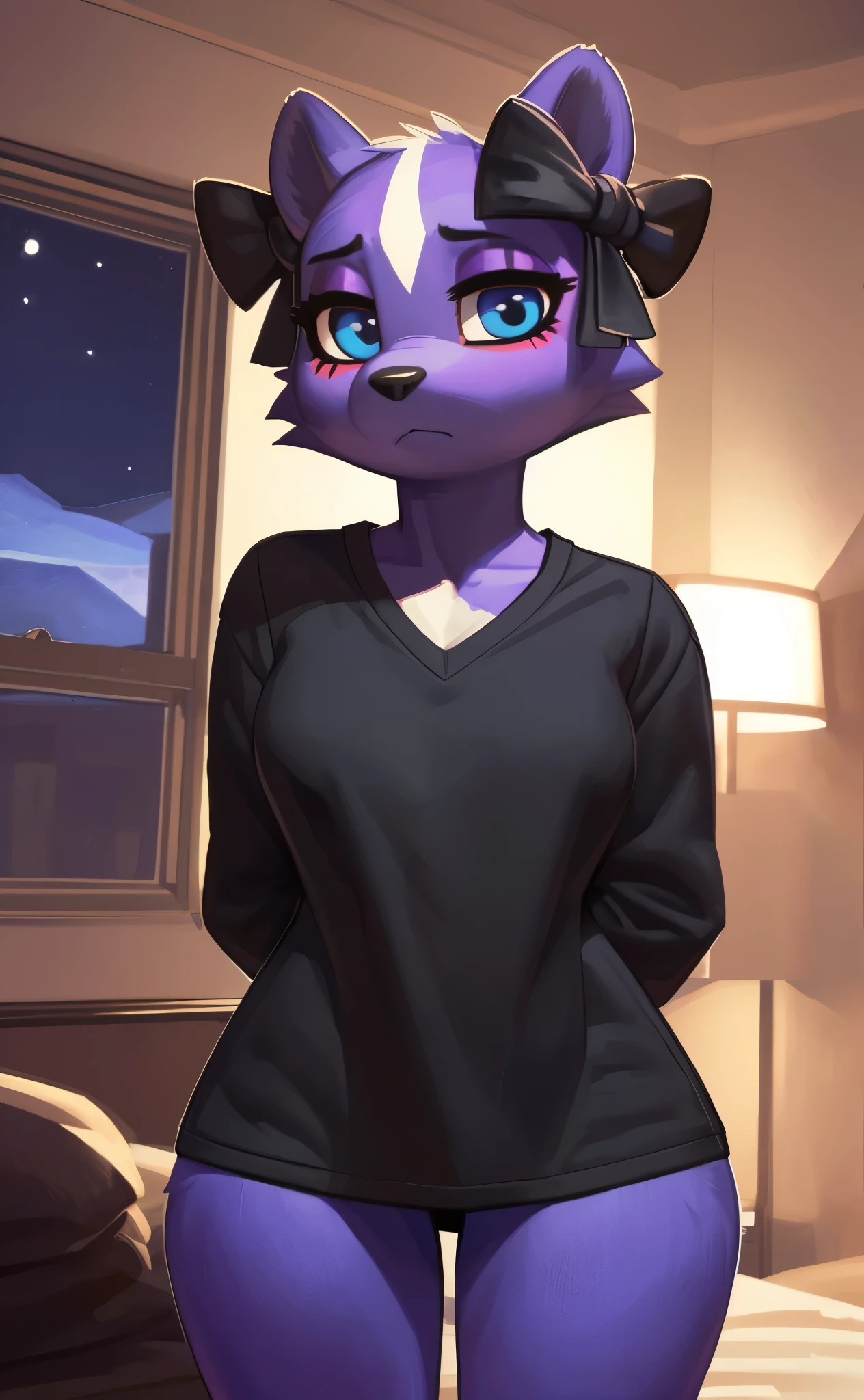 [Shikabane], [Aggretsuko], [Uploaded to e621.net; (Pixelsketcher), (wamudraws)], ((masterpiece)), ((HD)), ((high res)), ((solo portrait)), ((waist-up)), ((front view)), ((furry; anthro)), ((detailed fur)), ((detailed shading)), ((beautiful render art)), ((intricate details)), {anthro skunk; purple fur, black nose, (cute blue eyes), (purple eyeshadow), (pink eyeliner), (curvy hips), (beautiful legs), (cute frown), (nervous expression)}, {(black baggy tee shirt), (v-neck tee shirt), (long sleeves), (bottomless), (black bows)}, {(standing), (hands behind back), (looking at viewer)}, [background; (bedroom), (window), (nighttime), (starry sky), (lamp light), (ambient lighting)]