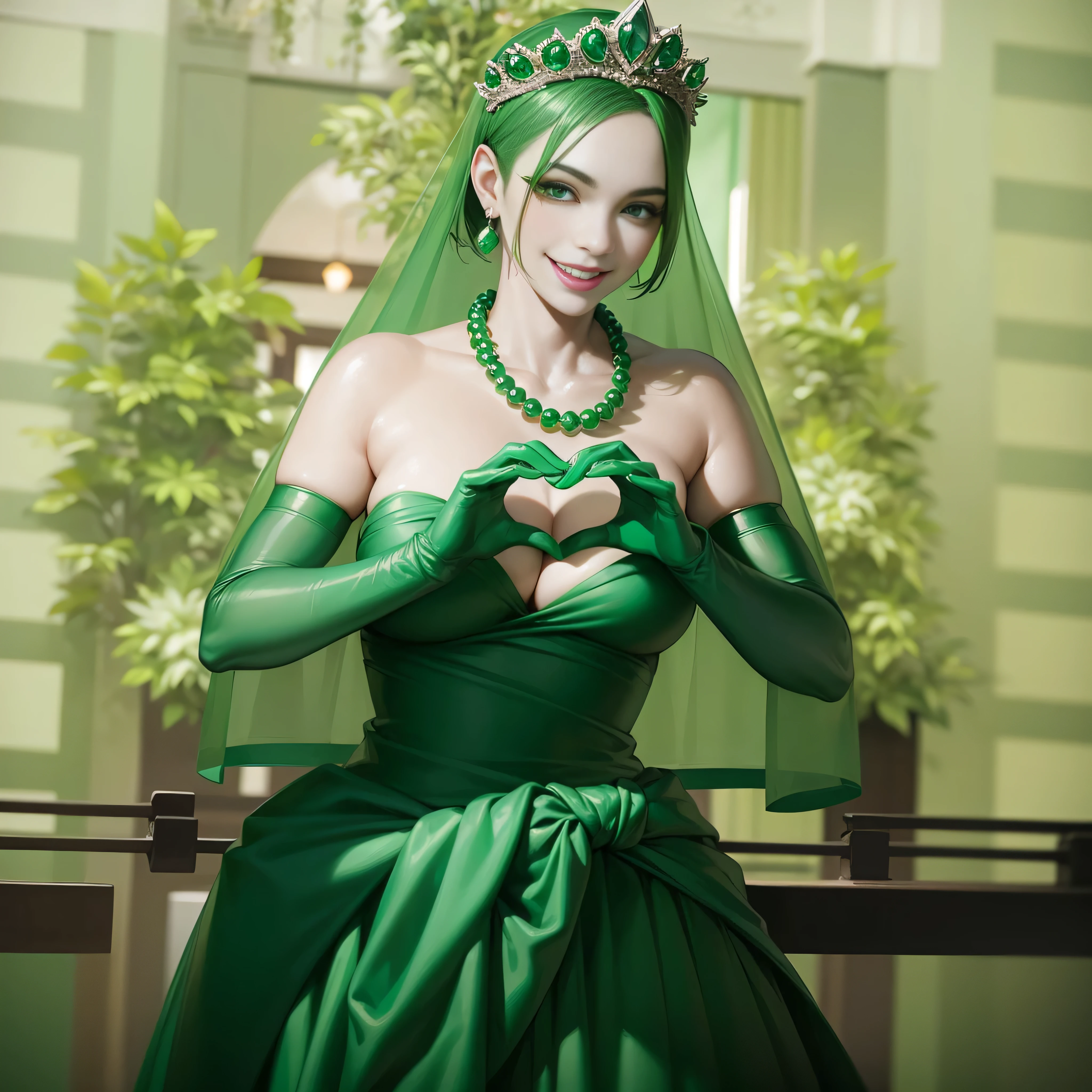emerald tiara, green pearl necklace, boyish very short green hair, lipstick, smiling Japanese woman, very short hair, big breasts beautiful, green eyes, Long Green Satin Gloves, green eyes, V sign, emerald earrings, green veil, green lip gloss