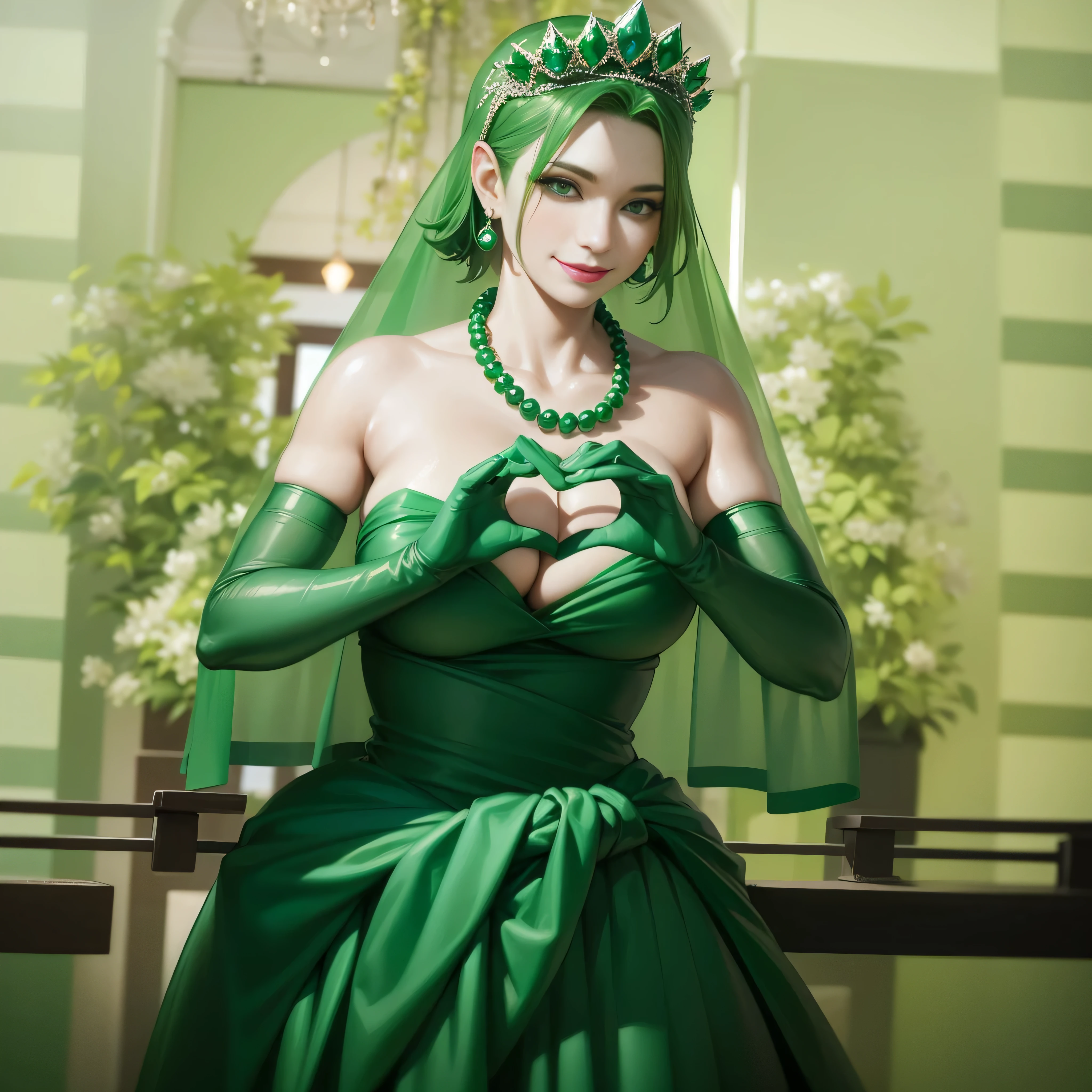 emerald tiara, green pearl necklace, boyish very short green hair, lipstick, smiling Japanese woman, very short hair, big breasts beautiful, green eyes, Long Green Satin Gloves, green eyes, V sign, emerald earrings, green veil, green lip gloss
