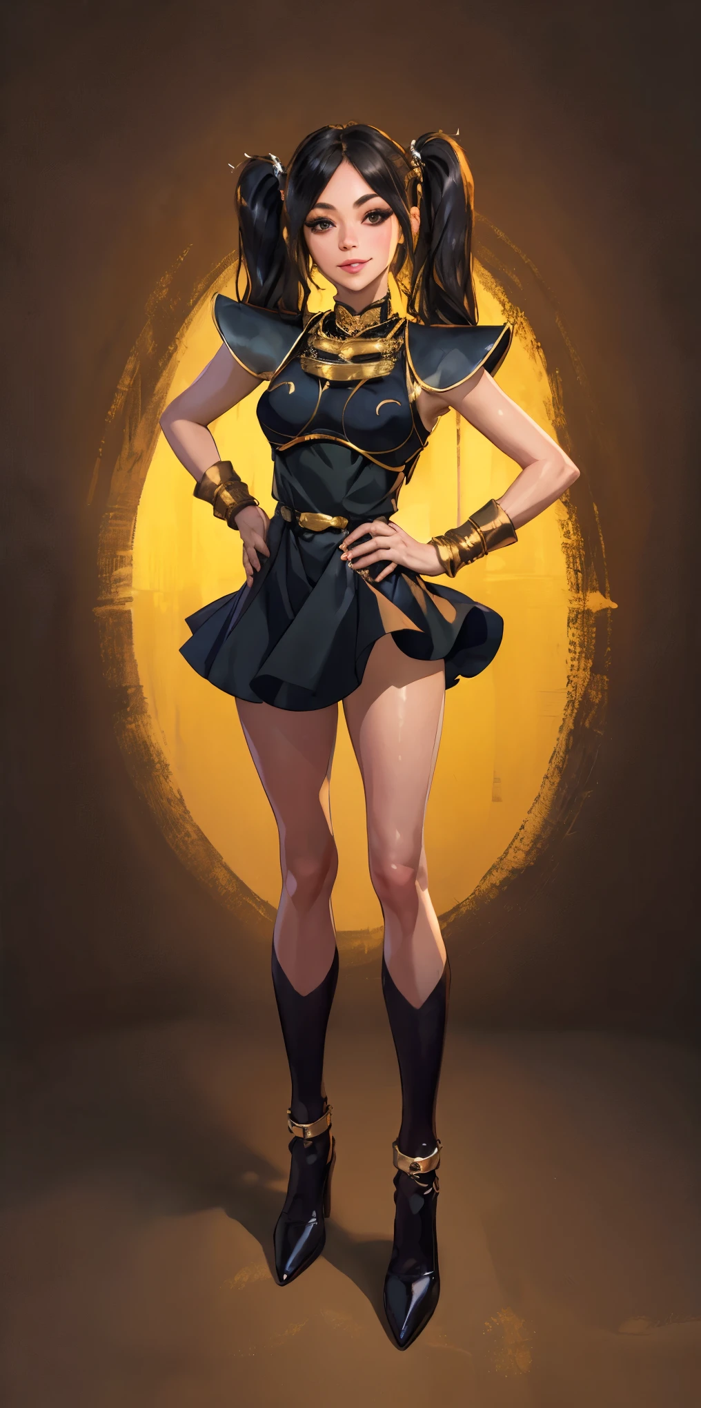 full body standing straight symmetrical, huge cowboy shot, solo 1MILF, lustful smirking smile face, looking at viewer, hands on hips, twintails, twin drills, dress, striped pantyhose, metal handcuffs on their hands with a black maetal slave collar around her neck, cowbell attached to the choker, sleeveless, black stockings, golden tiara
