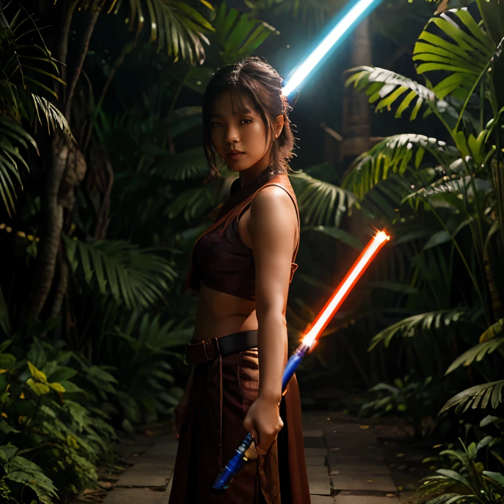 Create image of asian woman holding light saber on the planet dramitic lighting jungle background and old burmese pagodas comic style line art