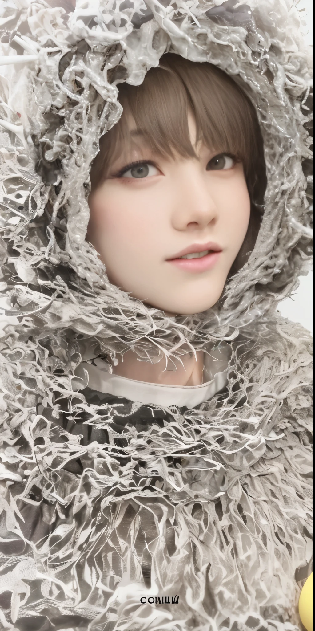 imagem arafiada de um menino com um casaco peludo, pintar ulzzang, fluffy neck, capuz de pele, Finn Wolfhard, capuz encapuzado, cara peluda, pele fofa e fofa, usando capuz, Detalhes difusos, inspirado em Yukihiko Yasuda, [ foto realista ]!!, album cover!, Yoko Taro, comer e beber, cai xukun