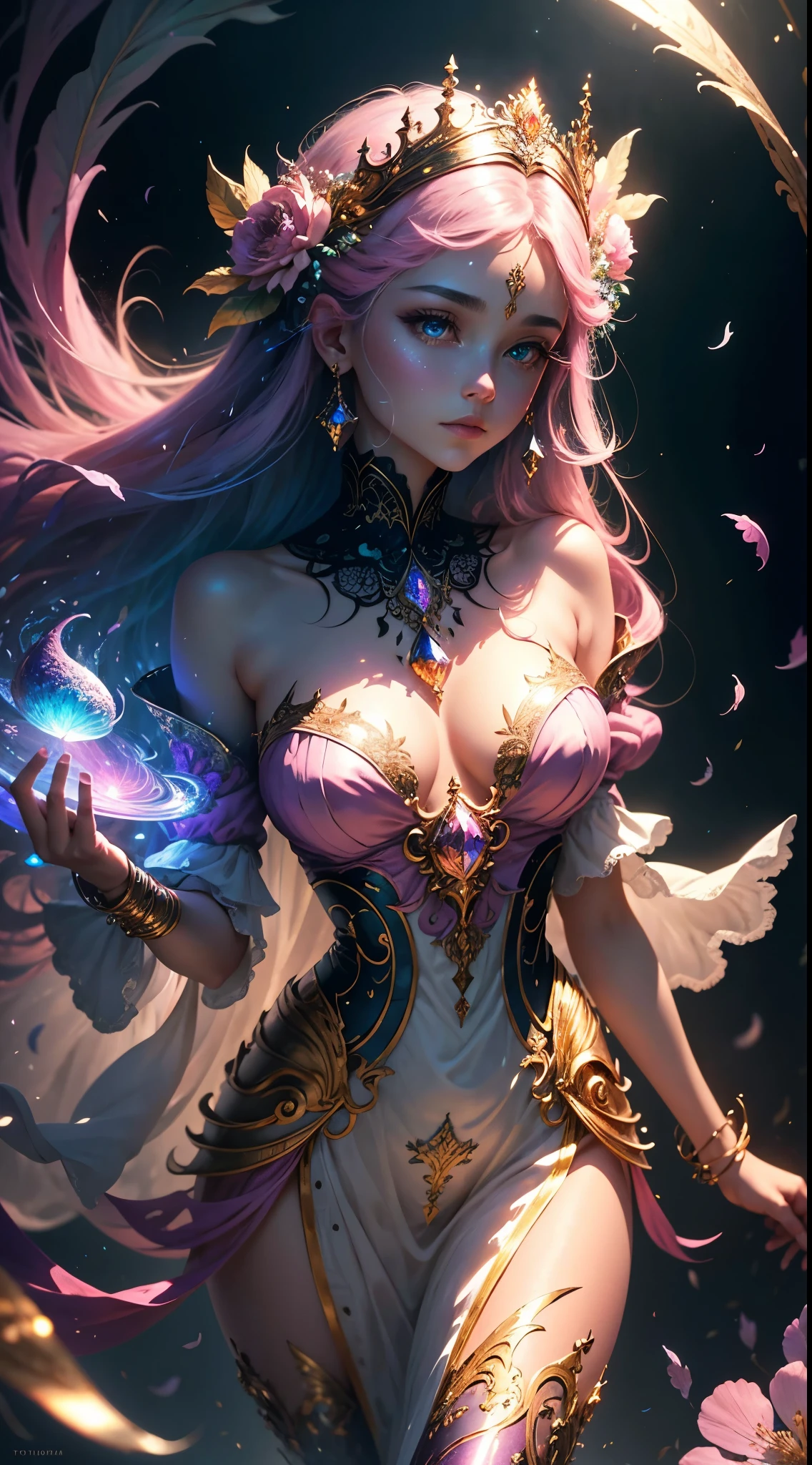 (((masterpiece))), (((best quality))), ((ultra-detailed)),(highly detailed CG illustration), ((an extremely delicate and beautiful)),cinematic light, Create a stunning fantasy artwork that mimics the style of currently trending masters of the genre. The art piece should contain elements of both mythic fantasy and fairytale fantasy with colorful accents. ((Utilize various shades of pink and watercolor pastels as the main color scheme.)) The character in the artwork is a delicate but strong figure with an aura of mystery and magic. Pay close attention to intricate facial features, such as mesmerizing eyes with vibrant colors and bold shading. The character's clothing should be designed with gossamer feathers, silk, stunning embroidery, and subtle iridescent details. Incorporate dreamy colors, dynamic lighting, and detailed background elements to create a sense of awe and immersion. Include colorful flying magical birds and jewel-toned butterflies radiating a magical aura. Consider the latest trends in fantasy art, such as incorporating unique lighting effects, exploring dynamic and compelling composition techniques, and experimenting with unique color palettes. Take inspiration from the top artists on ArtStation and Midjourney. Camera: Choose an angle that highlights the character's beauty and enhances the magical majesty of the artwork. Lighting: Utilize atmospheric lighting techniques to create depth and mood. Resolution: Aim for a high-resolution artwork to showcase intricate details and clarity. Art Inspirations: Seek inspiration from the trending artists on ArtStation, exploring different styles, genres, and themes.