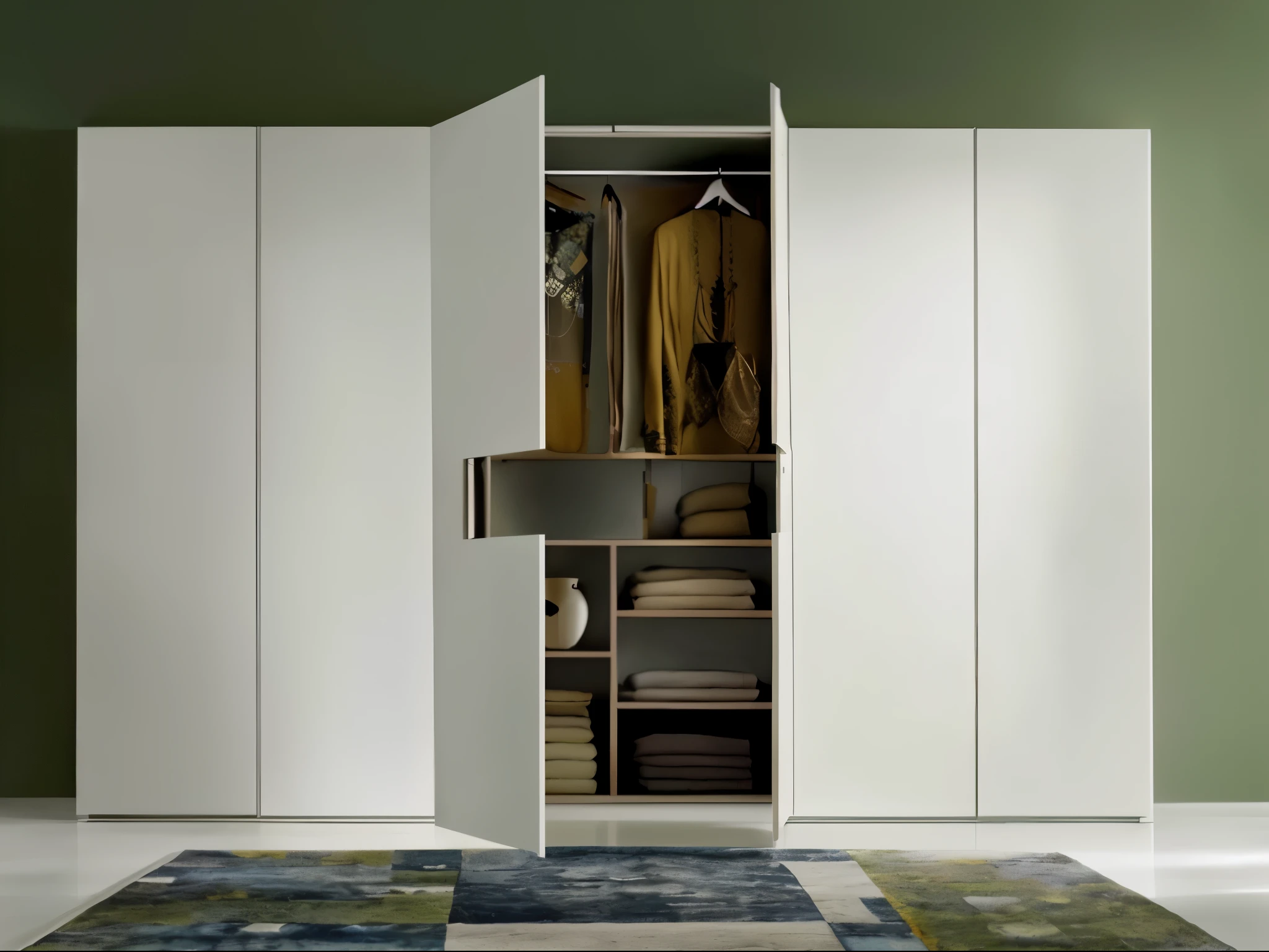 Close-up of the closet，The door is open，carpet on the floor, elegant wardrobe, Elegant futuristic wardrobe, cupboard, Modular, minimally modern, contemporary, elegant minimalism, food&quot;, Such a design, White broom wardrobe, Very simple, 3 doors, ocher, unit, author：Giulio Clovio, very small, author：Alfredo Volpi, EUR