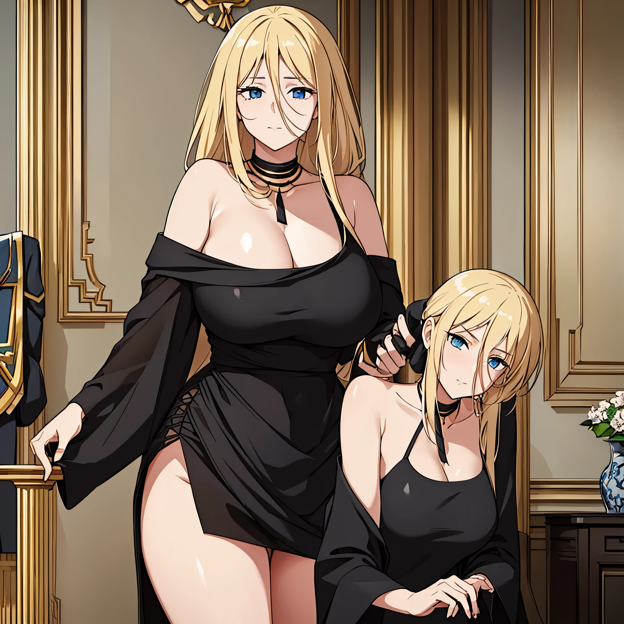 A woman with sophisticated black dress in a luxurious German house, hair yellow, eye blue.