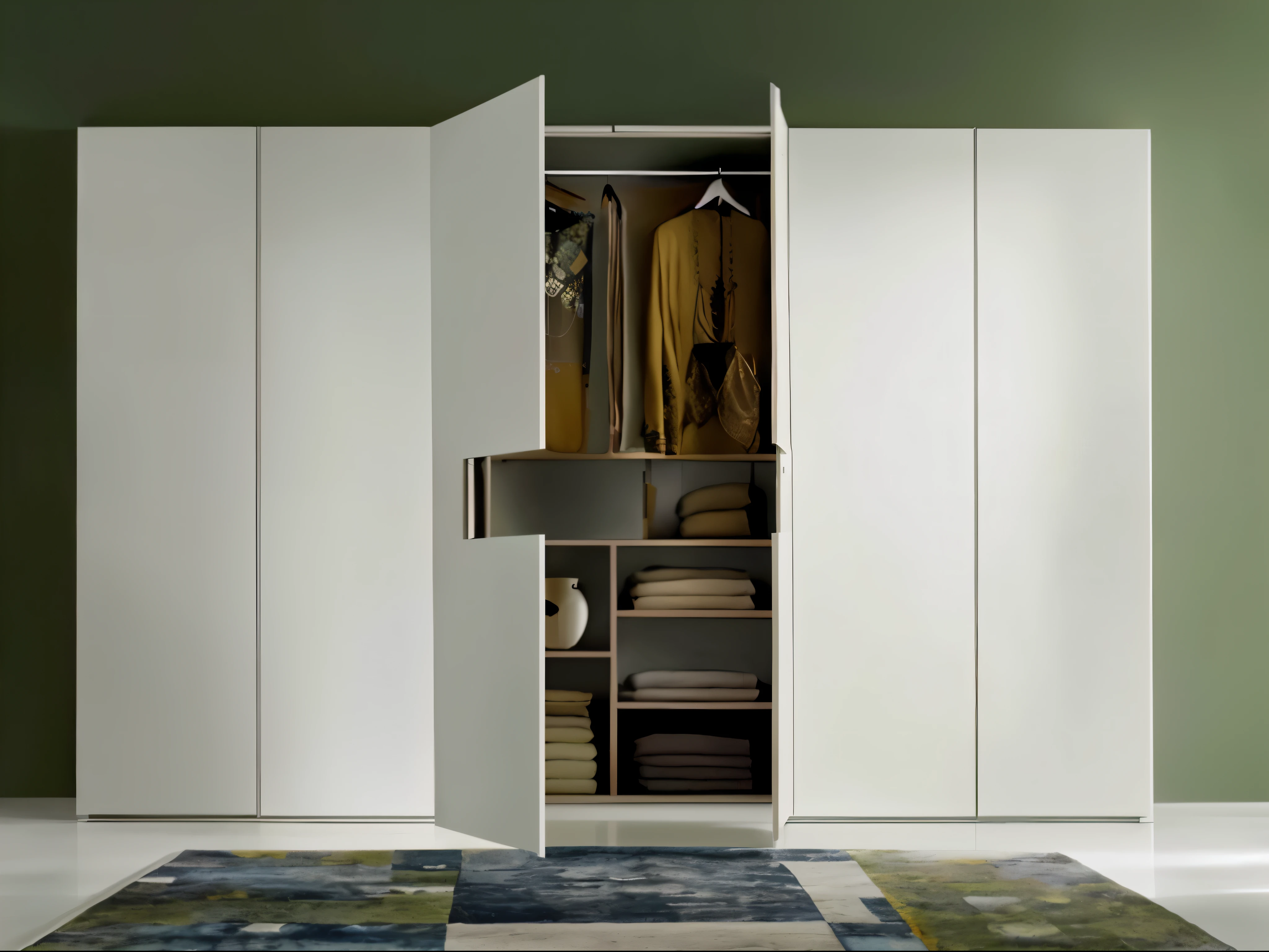 Close-up of wardrobe,The door is open,carpet on the floor, elegant wardrobe, Elegant futuristic wardrobe, cupboard, Modular, minimally modern, contemporary, elegant minimalism, food&Quote;, Such a design, White broom wardrobe, very simple, 3 doors, ocher, unit, author:Giulio Clovio, very small, author:Alfredo Volpi, EUR