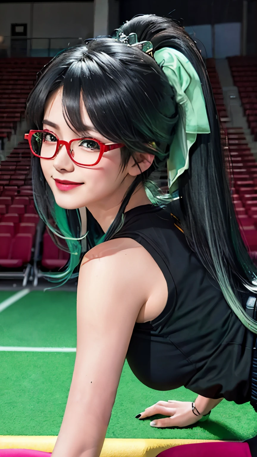 best quality，surface focus，look directly at the audience，soft light，（depth of field），ultra high resolution，（Realism：1.4），original photo，1 girl，Turn your back to the audience，Kneel on the floor，on all fours，Wear a white sports vest，black shorts，Sweating，Long ponytail hairstyle，Black hair and green hair, Good-looking hair accessories，red glasses，Red half-rim glasses，big ，（sportswear：1.4），laughing out loud