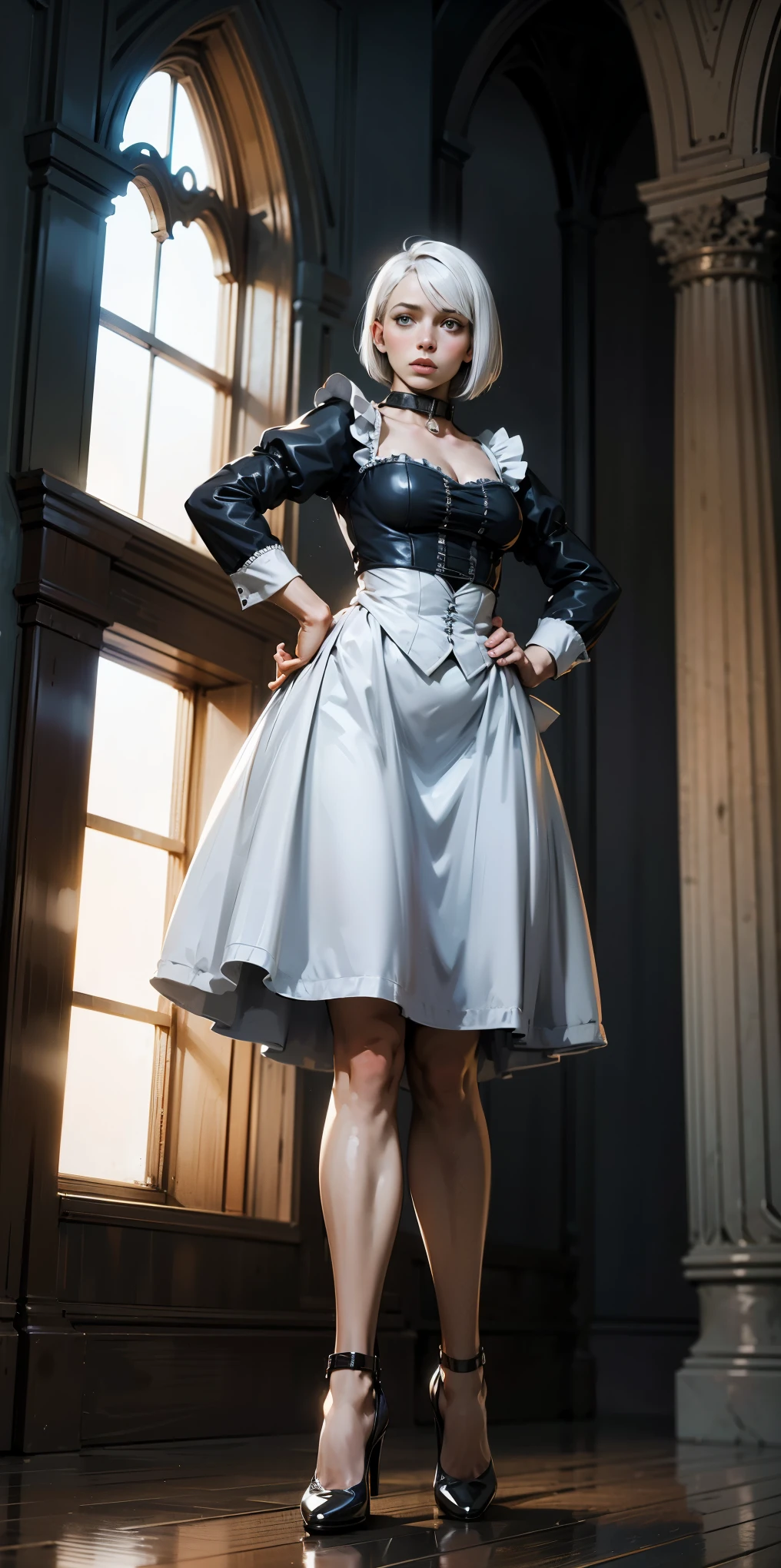 White hair, short bob hair, pinched eyes, thin legs, thin body, leather collar, maid outfit victorian, full body standing symmetrical, hands on hips, wide hips, view from below, high heels feet together
