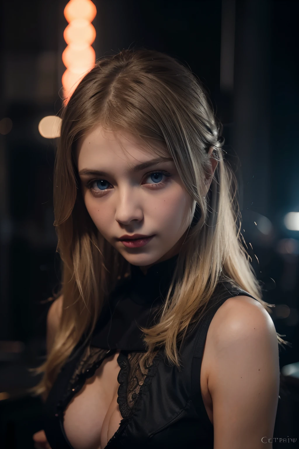 a beautiful blonde girl, red lights on left, blue lights on right, dark background, shot by Canon EOS 5D, realistic girl beautiful succubus, grey eyes, (derevschikova: 1.4), beautiful alluring , perfect nose, ultra beautiful, with her long, perfect beautiful, realistic , epic beautiful, 8k, fuji xt3, not cropped, premium wide open city ” large dd cup breastsv