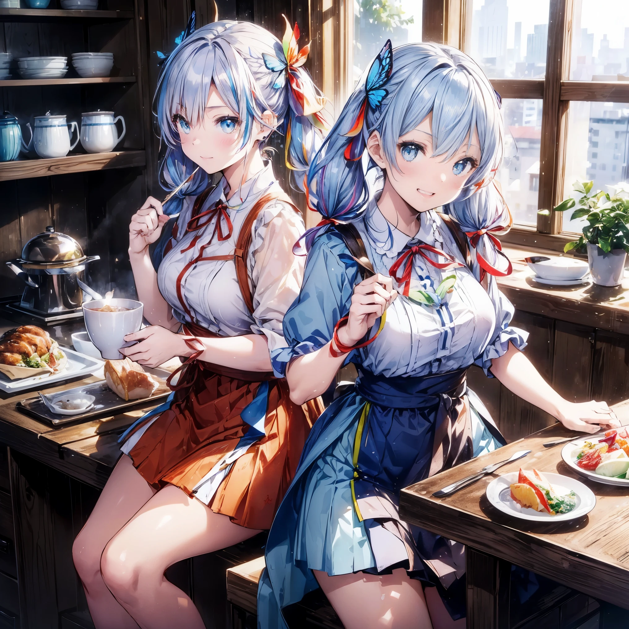 Bento、Bento箱、kitchenアイランド, Large windows with a view of the cityscape、kitchen_apron,(table top:1.3), (8K, realistic, RAW photo, highest quality: 1.4), beautiful face, (realistic face), beautiful and fine eyes, (realistic skin), Charm, intricate details,golden ratio, 1 girl,laughter, (rainbow hair:1.4),((long twin tails,ribbon 1.4)),Pinnafor(ブルーバタフライapronドレス),(blue butterfly hair ornament),breakfast,dynamic pose,dynamic angle,intricate details, surreal, perfect anatomy、laughter、smile、face enhancement