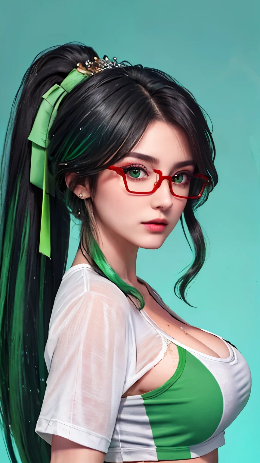 ((best quality, 8k, masterpiece :1.3)), sharp focus :1.2, beautiful woman，Perfect body :1.4, slim abs :1.2, ((Long ponytail hairstyle，Black hair and green hair, Good-looking hair accessories, medium breasts :1.2)), (White shirt，wet clothes :1.2), (Colorful background、Splash:1.2), Highly detailed facial and skin textures, delicate eyes, double eyelids，light green eyes，red glasses，Red half-rim glasses，facing the camera