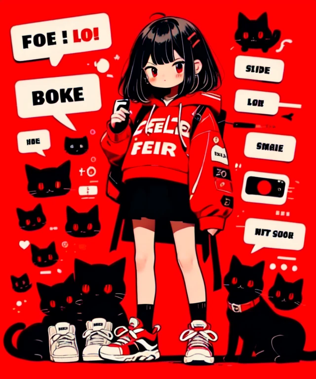 1girl, red eyes, red background, hood, backpack, cat, red hoodie, drawstring, black hair, shoes, hood down, hoodie, long sleeves, solo, bag, holding, hair ornament, english text, socks, earrings, white footwear, bangs, looking at viewer, jewelry, sneakers, phone, standing, blush, full body, skirt, medium hair, black socks, hairclip, red theme, speech bubble, holding phone, closed mouth, cellphone, sleeves past wrists, animal, short hair, simple background, black skirt,